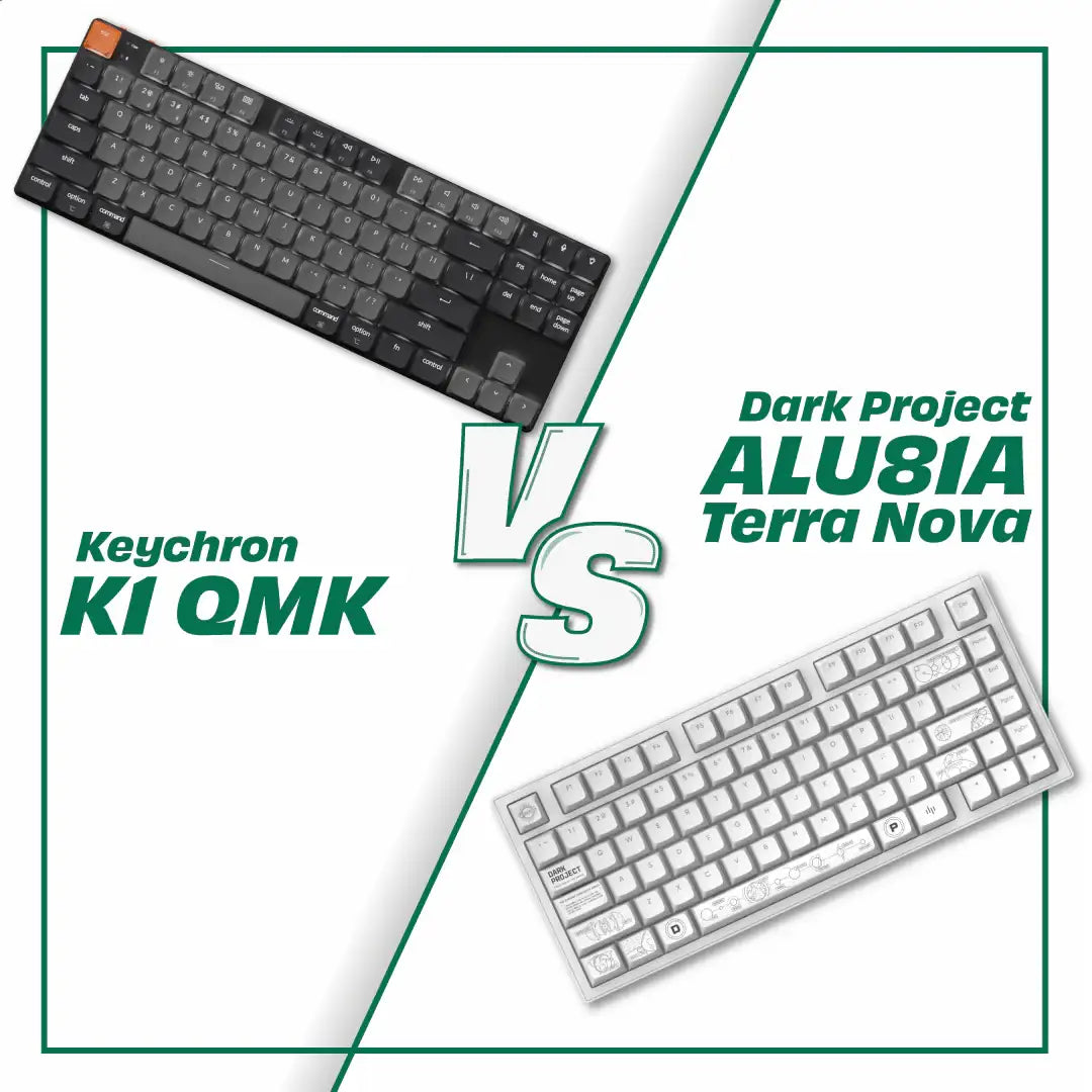 Porównanie klawiatur Keychron KI QMK czarna i Dark Project ALU81A Terra Nova biała z nadrukami