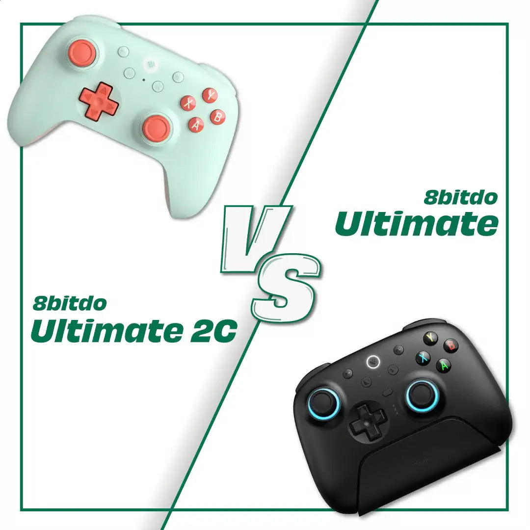 Porównanie kontrolerów 8bitdo Ultimate 2C i 8bitdo Ultimate na białym tle