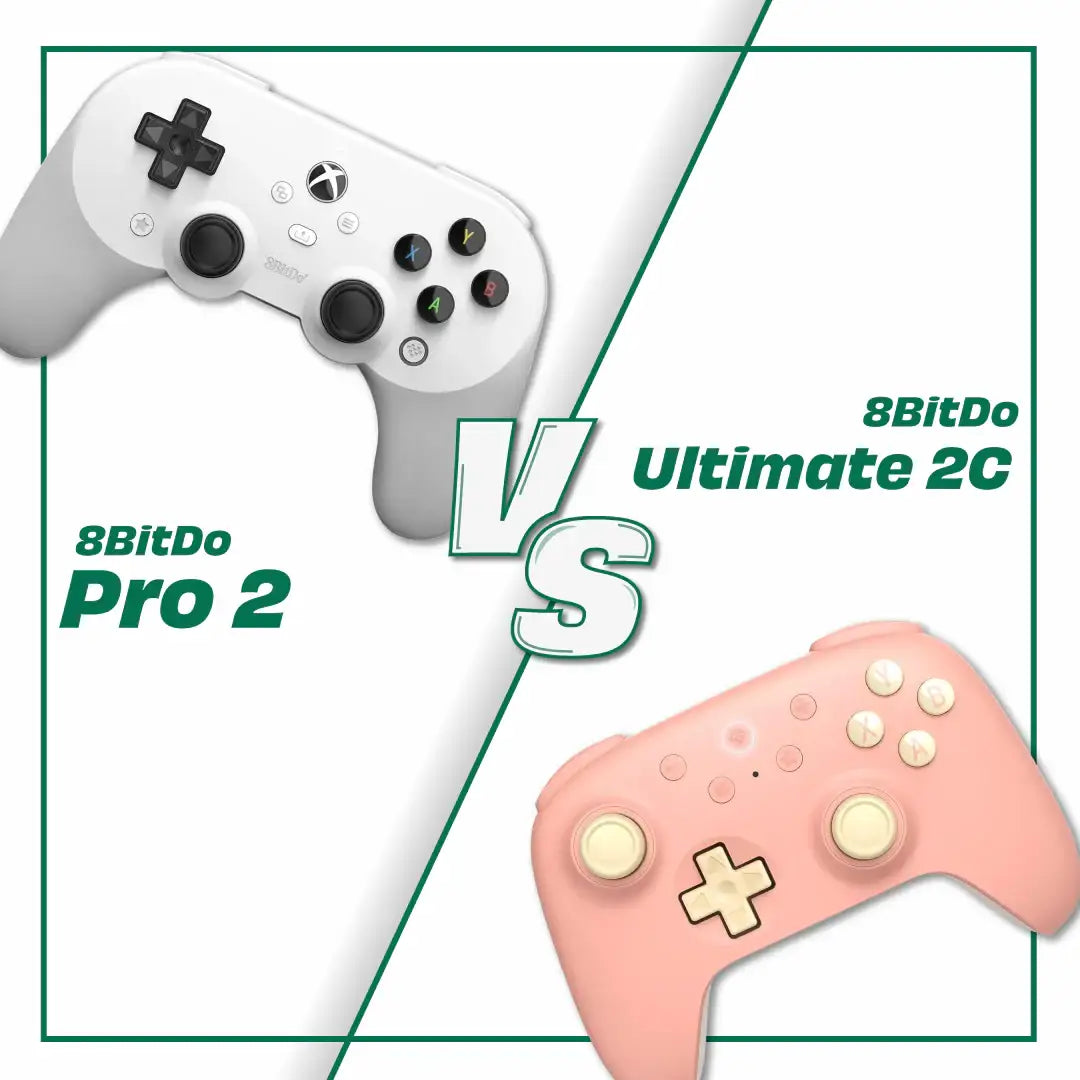 Porównanie kontrolerów 8BitDo Pro 2 białego i 8BitDo Ultimate 2C różowego na białym tle