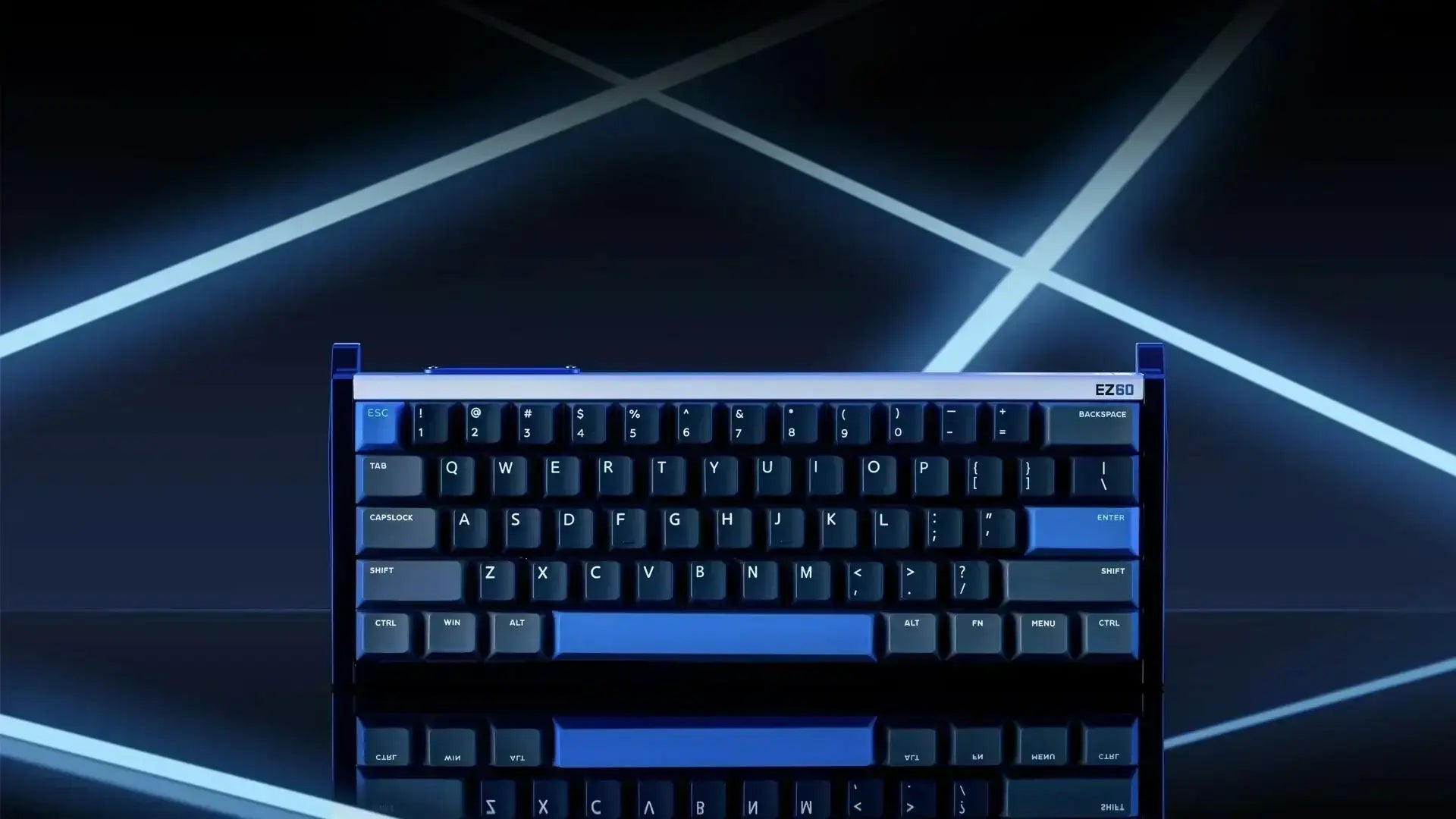 Klawiatura mechaniczna EZ60 w ciemnoniebieskim kolorze na tle neonowych linii świetlnych