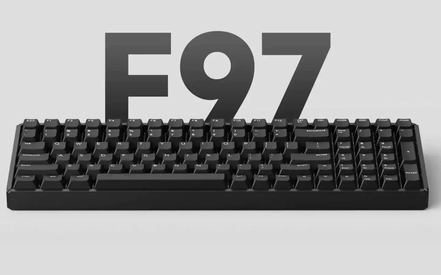 Klawiatura mechaniczna F97 w kolorze czarnym na jasnym tle z dużym napisem F97