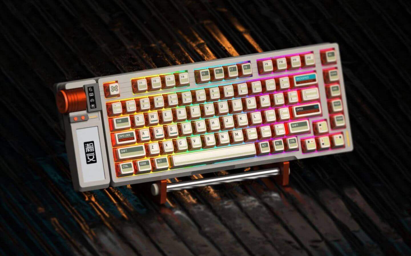 Mechaniczna klawiatura z podświetleniem RGB na metalowym stojaku czarna tekstura tła
