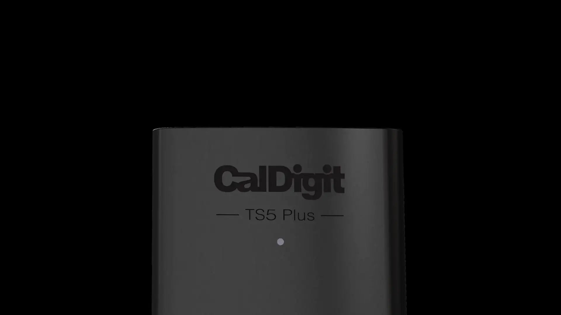 Czarna stacja dokująca CalDigit TS5 Plus na czarnym tle