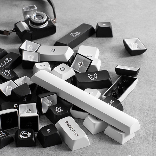 Czarno-białe keycapy do klawiatury mechanicznej na szarym tle obok aparatu retro.