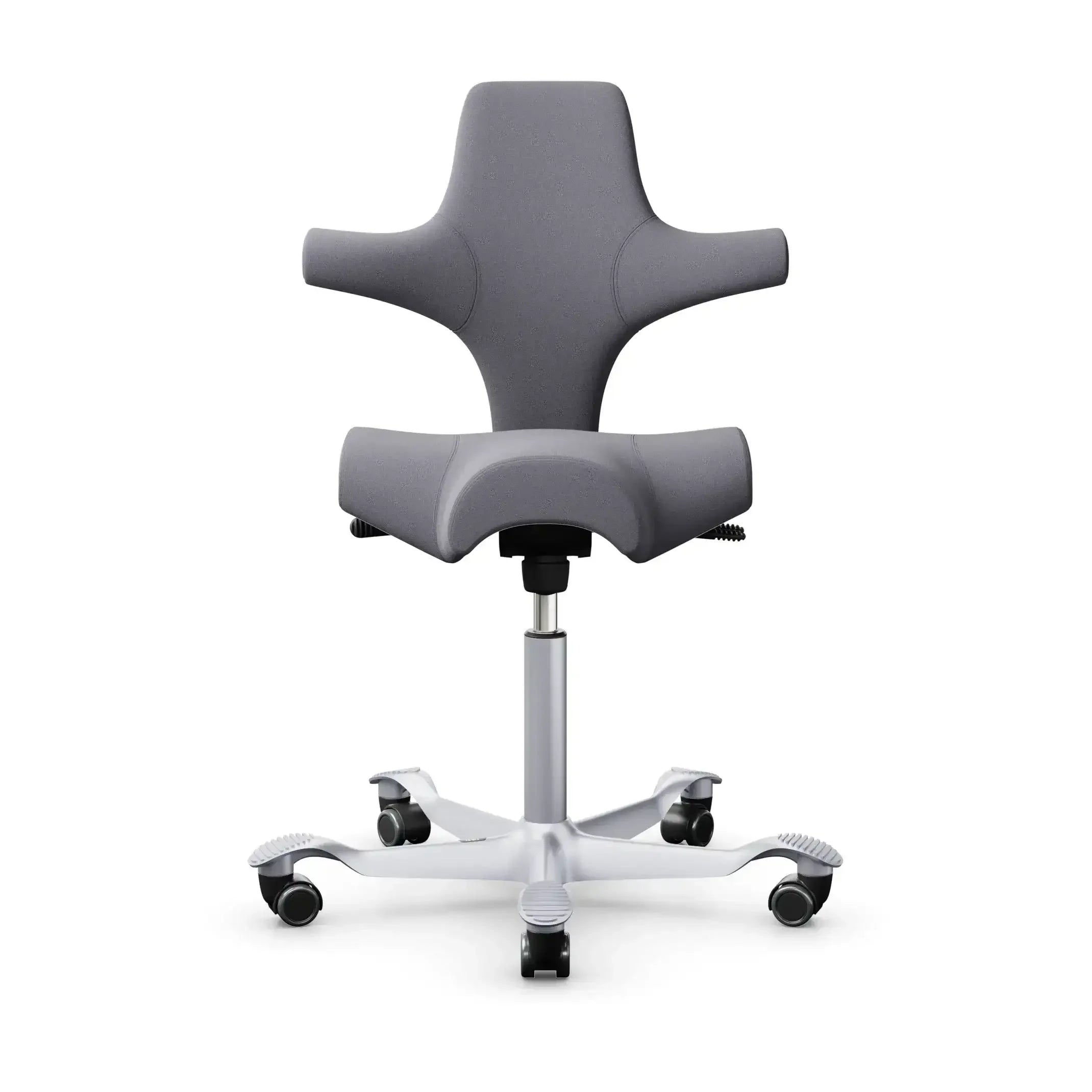 Ergonomiczne krzesło biurowe z nietypowym oparciem i siedziskiem na kółkach, szare
