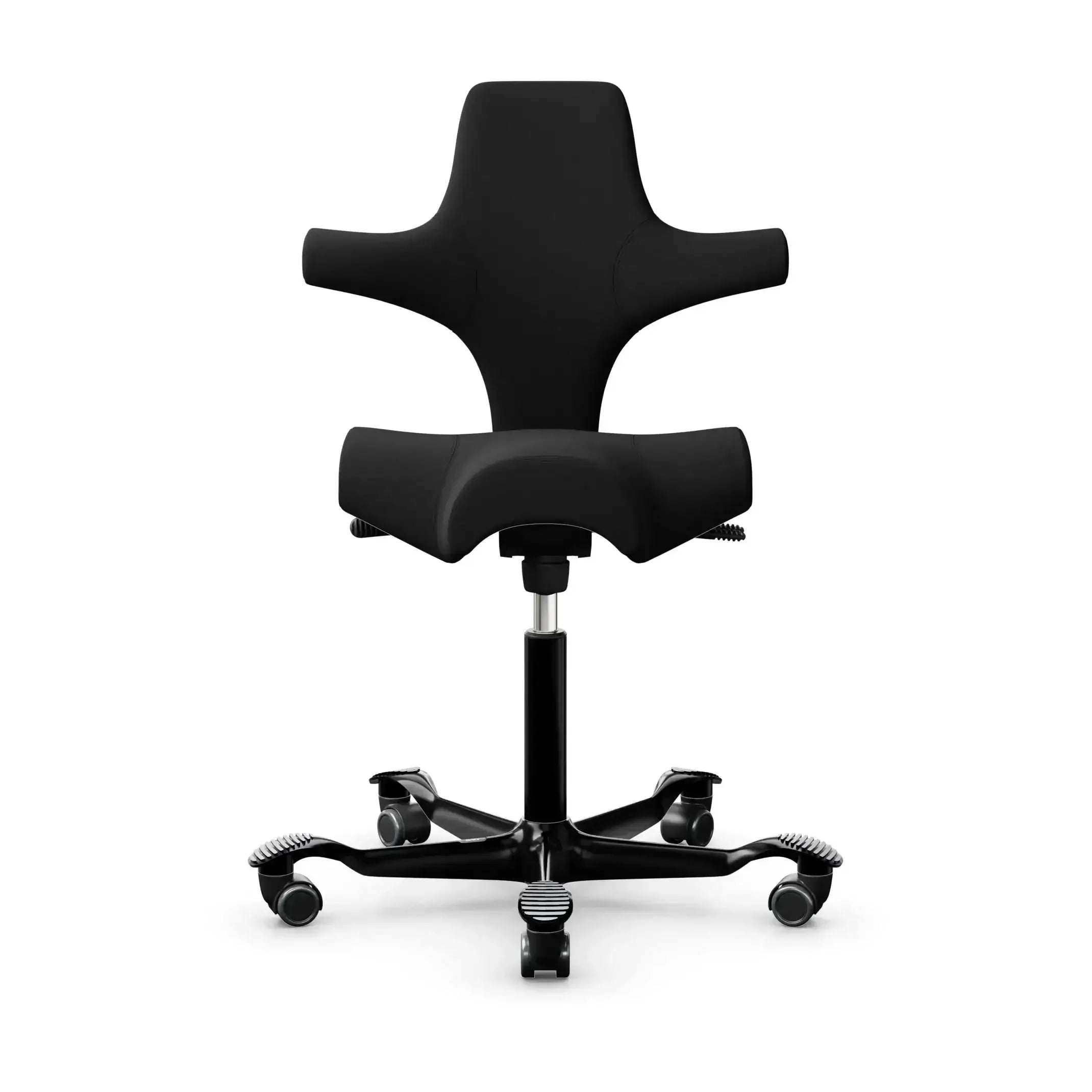 Ergonomiczne czarne krzesło biurowe na kółkach z unikalnym kształtem siedziska i oparcia