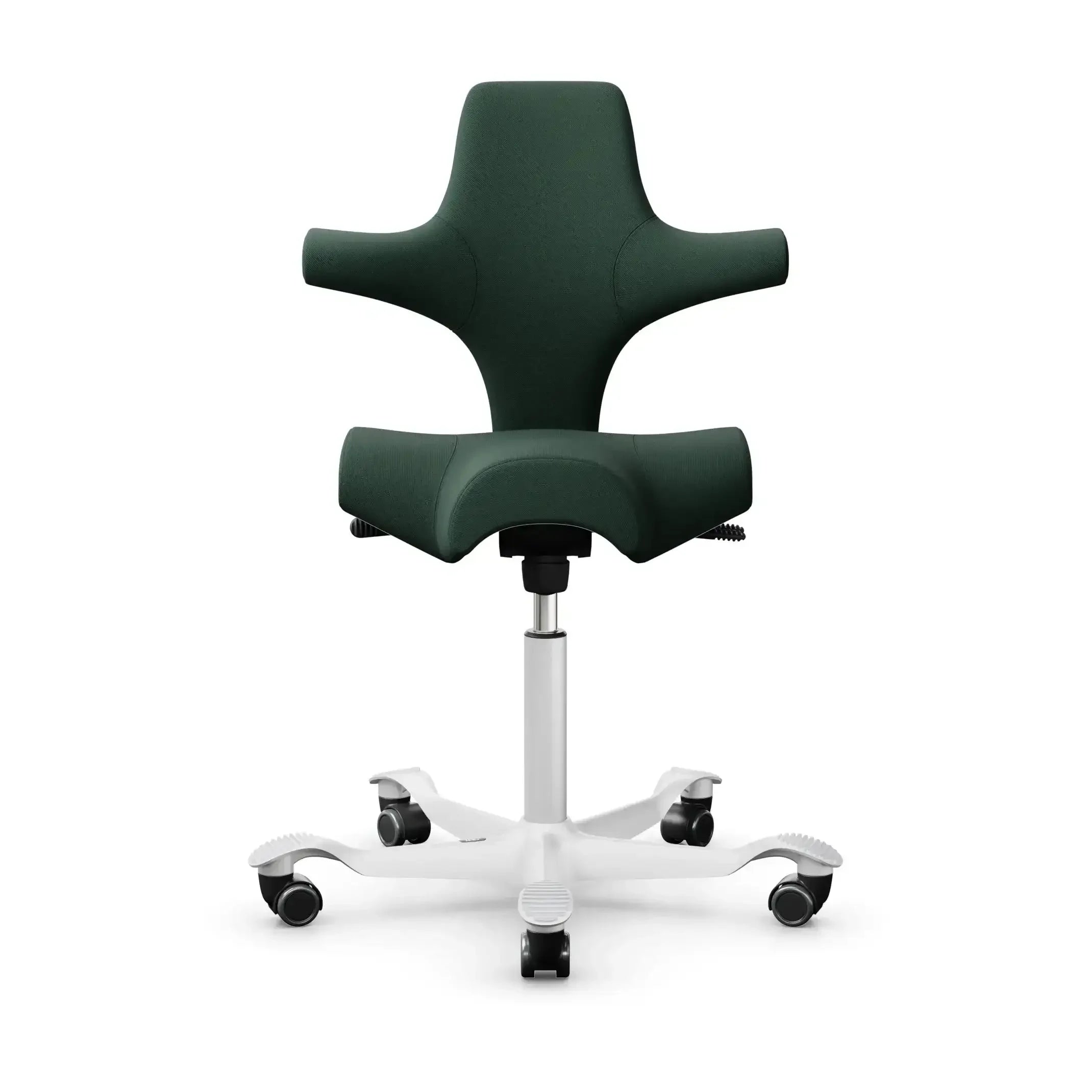 Ergonomiczne krzesło biurowe z ciemnozielonym oparciem i białą podstawą na kółkach do domowego biura