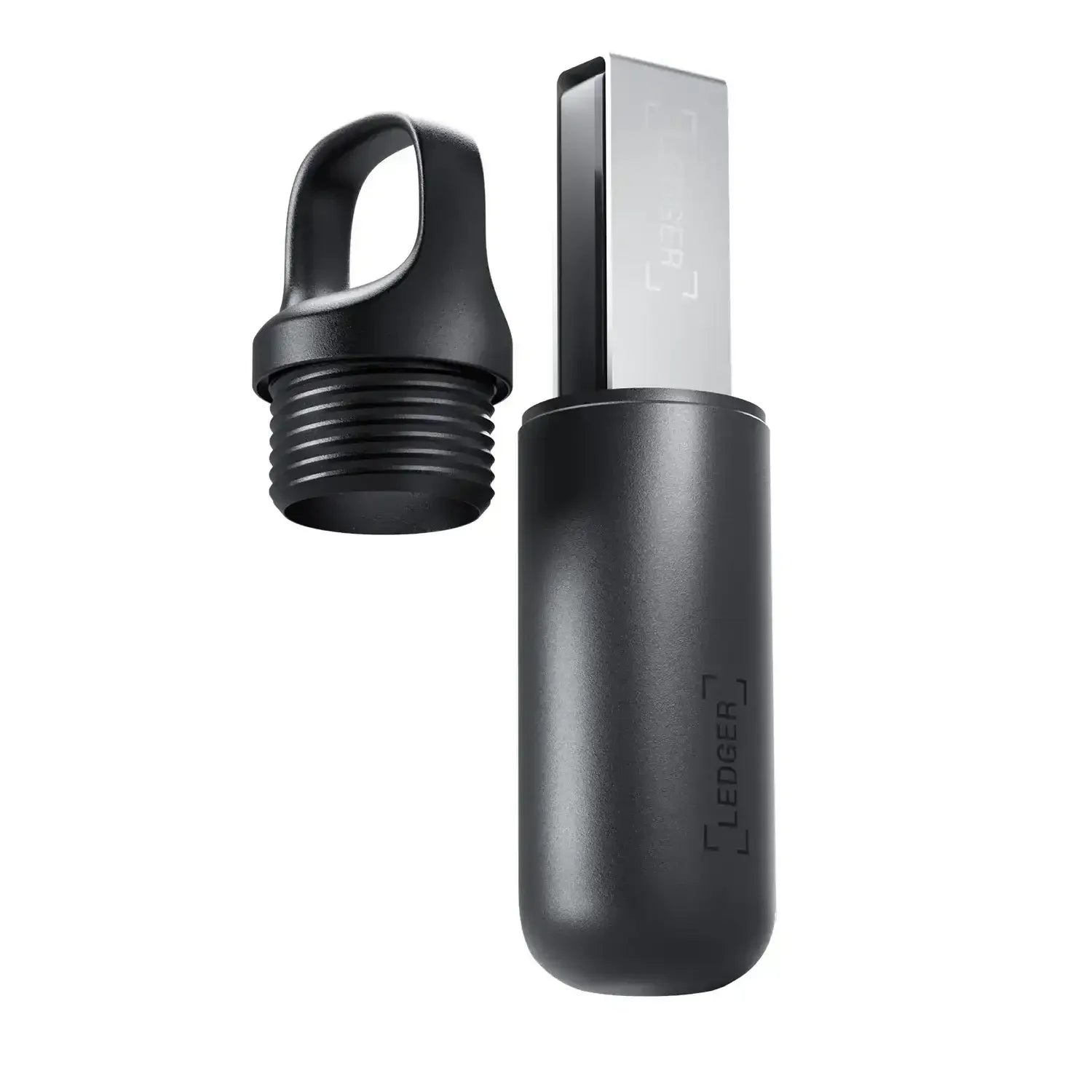 Czarny pendrive USB z metalową końcówką i odkręcaną nakrętką, akcesorium biurowe.