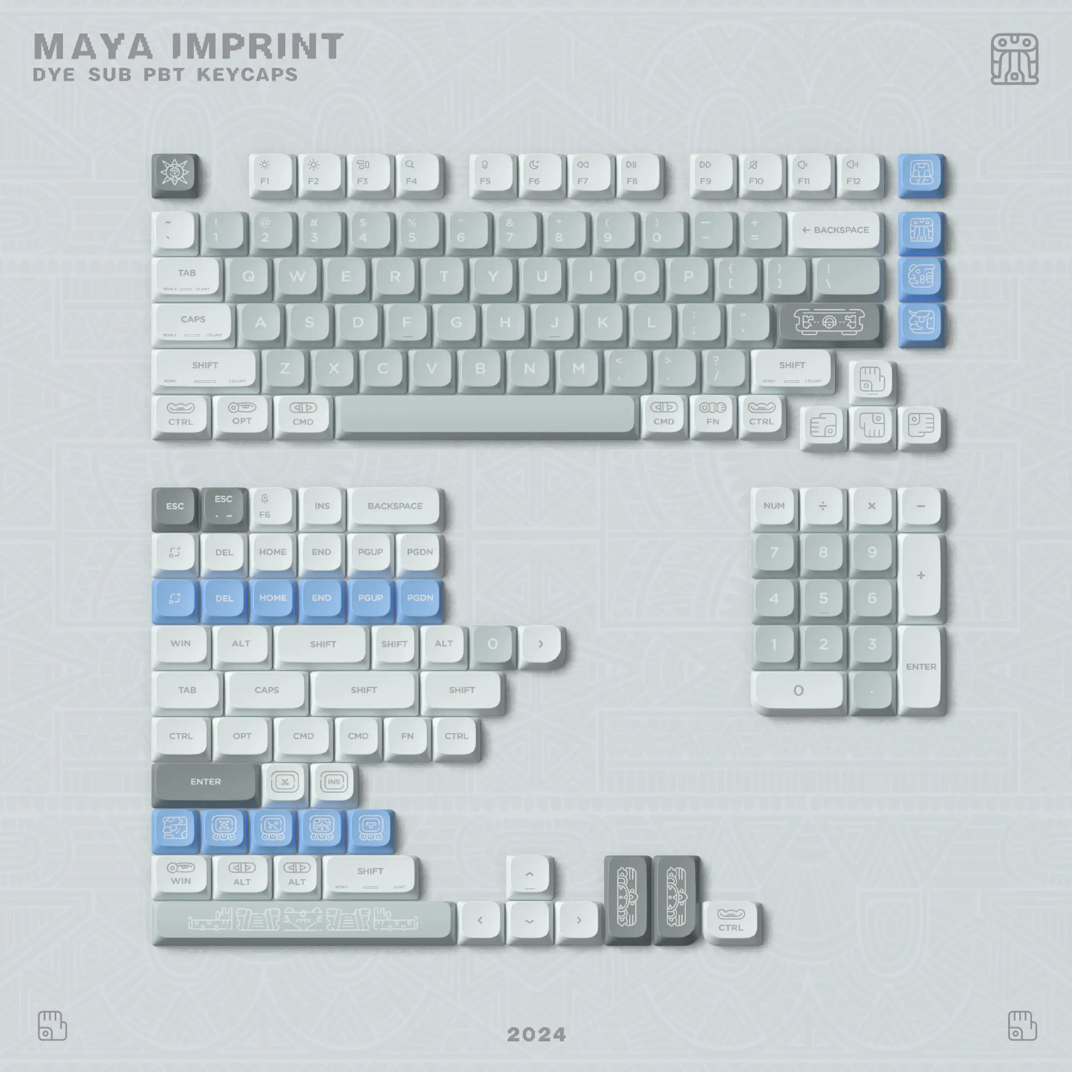 Zestaw keycapów PBT Maya Imprint do klawiatury mechanicznej, białe i niebieskie nasadki z nadrukami.