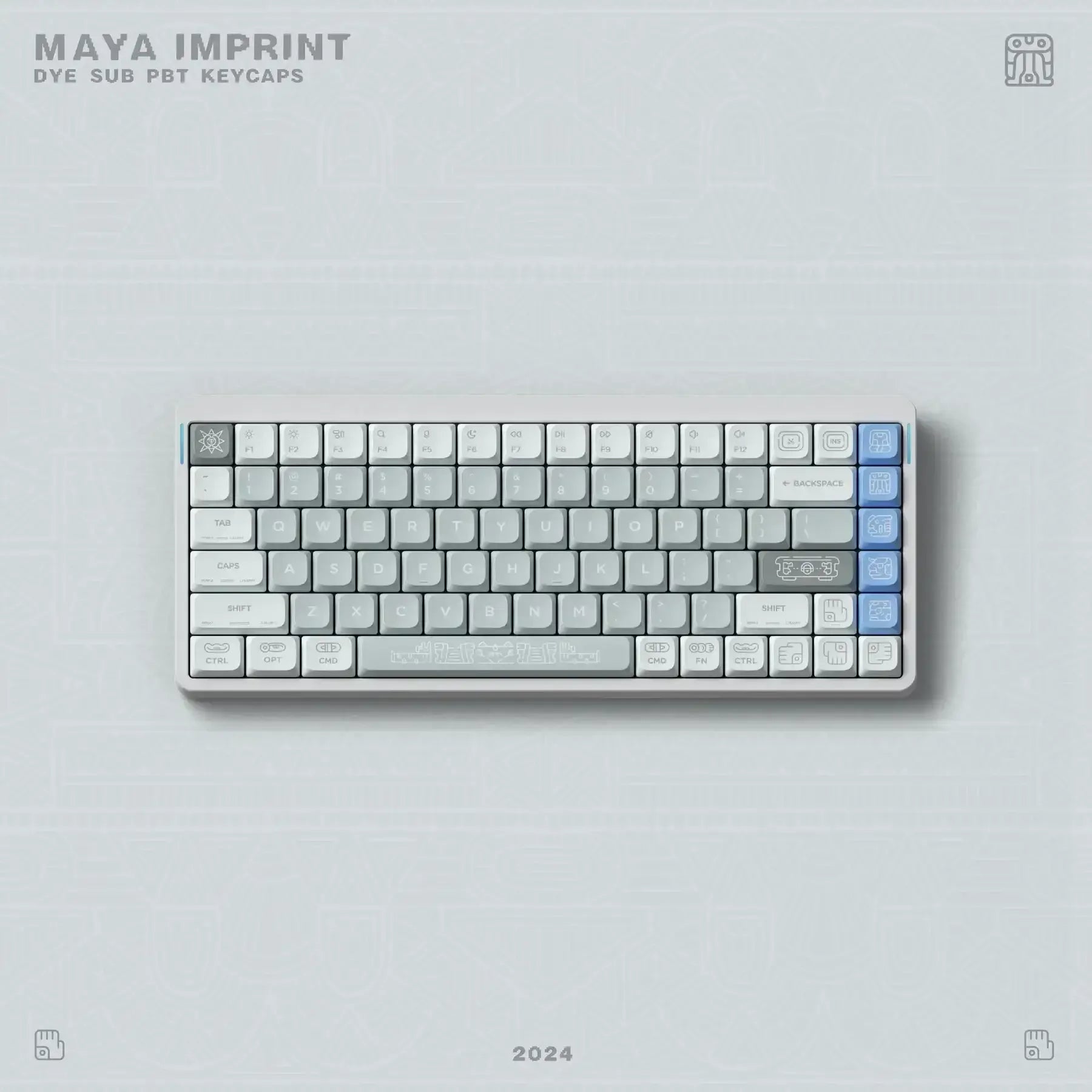 Mechaniczna klawiatura z białymi i niebieskimi keycapami PBT z motywem Maya, nowoczesny design.
