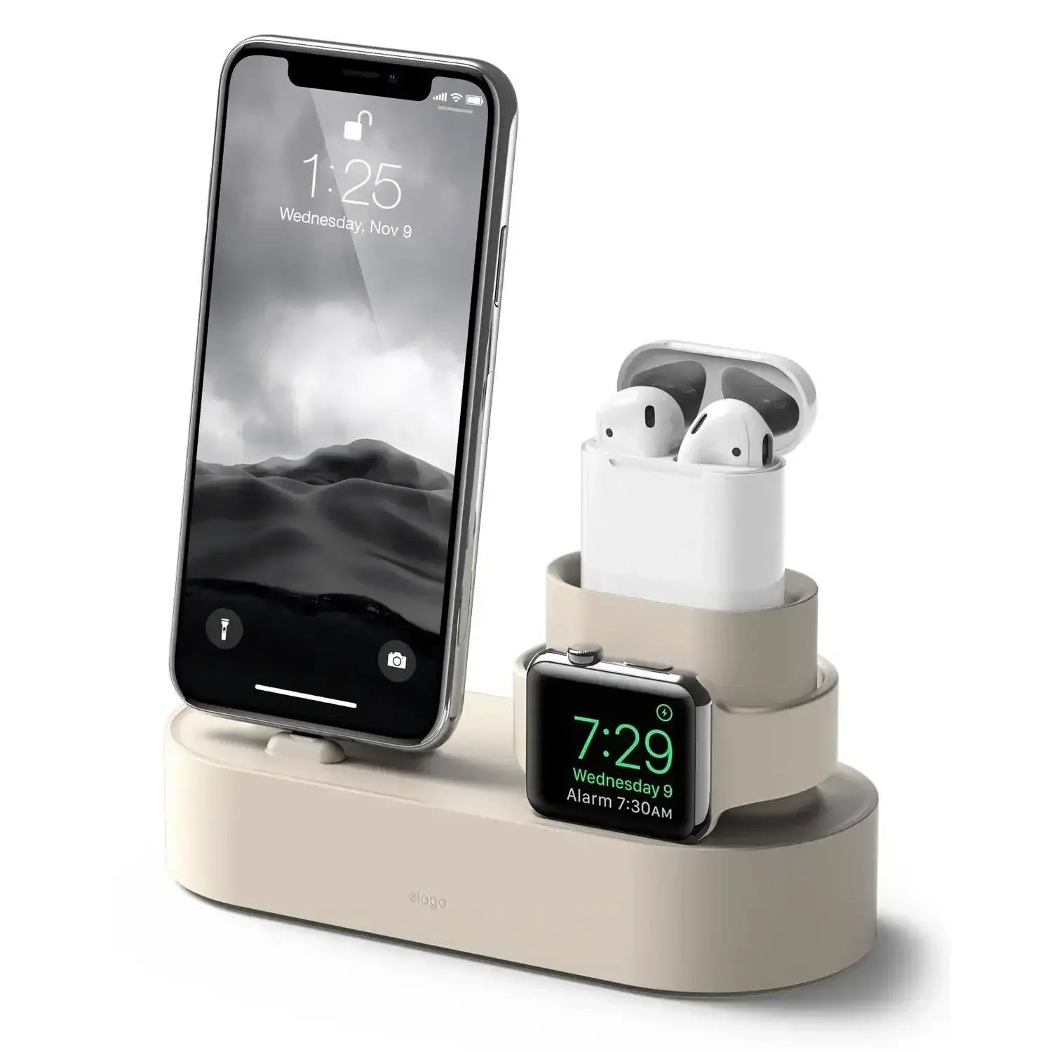 Stacja dokująca do ładowania iPhone, AirPods i Apple Watch na białym tle, akcesoria biurowe