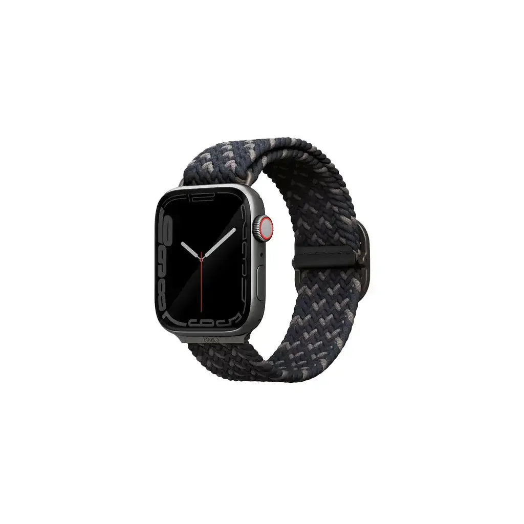 Elegancki smartwatch z czarną kopertą i granatowym, plecionym paskiem Obsidian Blue.
