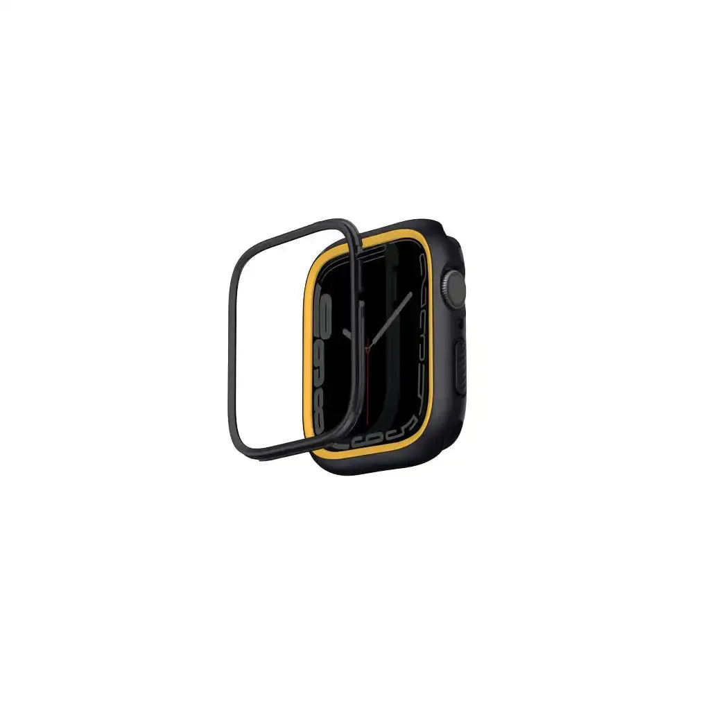 Czarna obudowa ochronna z żółtym akcentem i szkłem do smartwatcha, widok z przodu