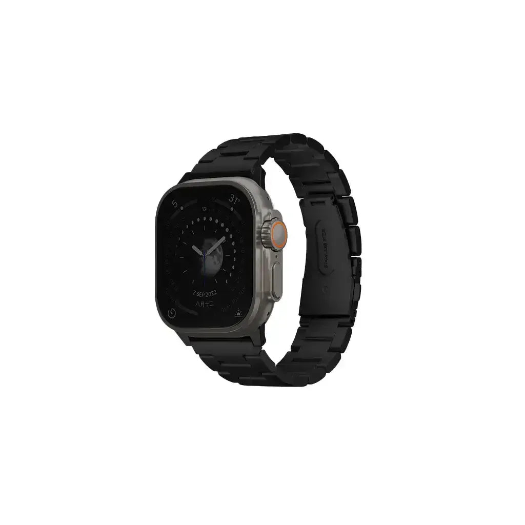 Czarny pasek do smartwatcha, nowoczesny design, metalowa bransoleta, akcesorium do zegarka