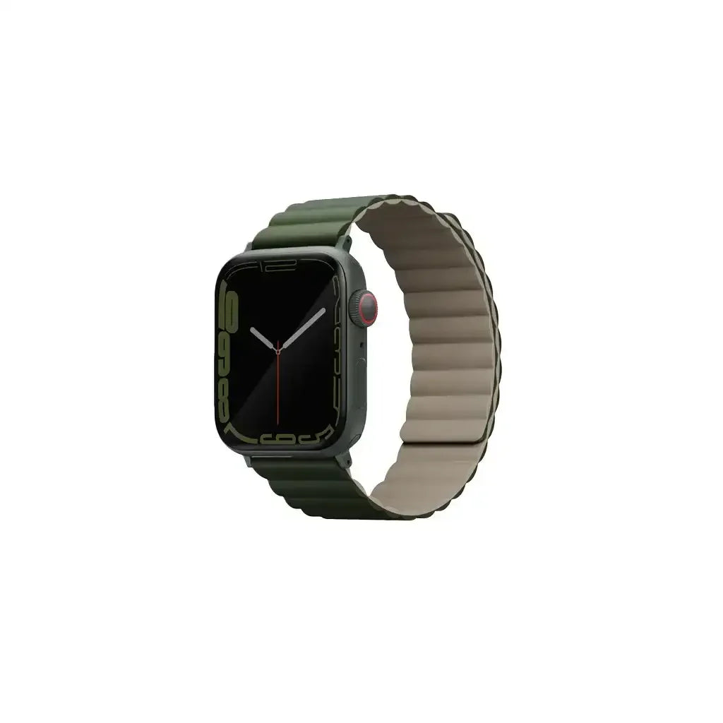 Zielono-beżowy pasek magnetyczny do smartwatcha, nowoczesny design na białym tle