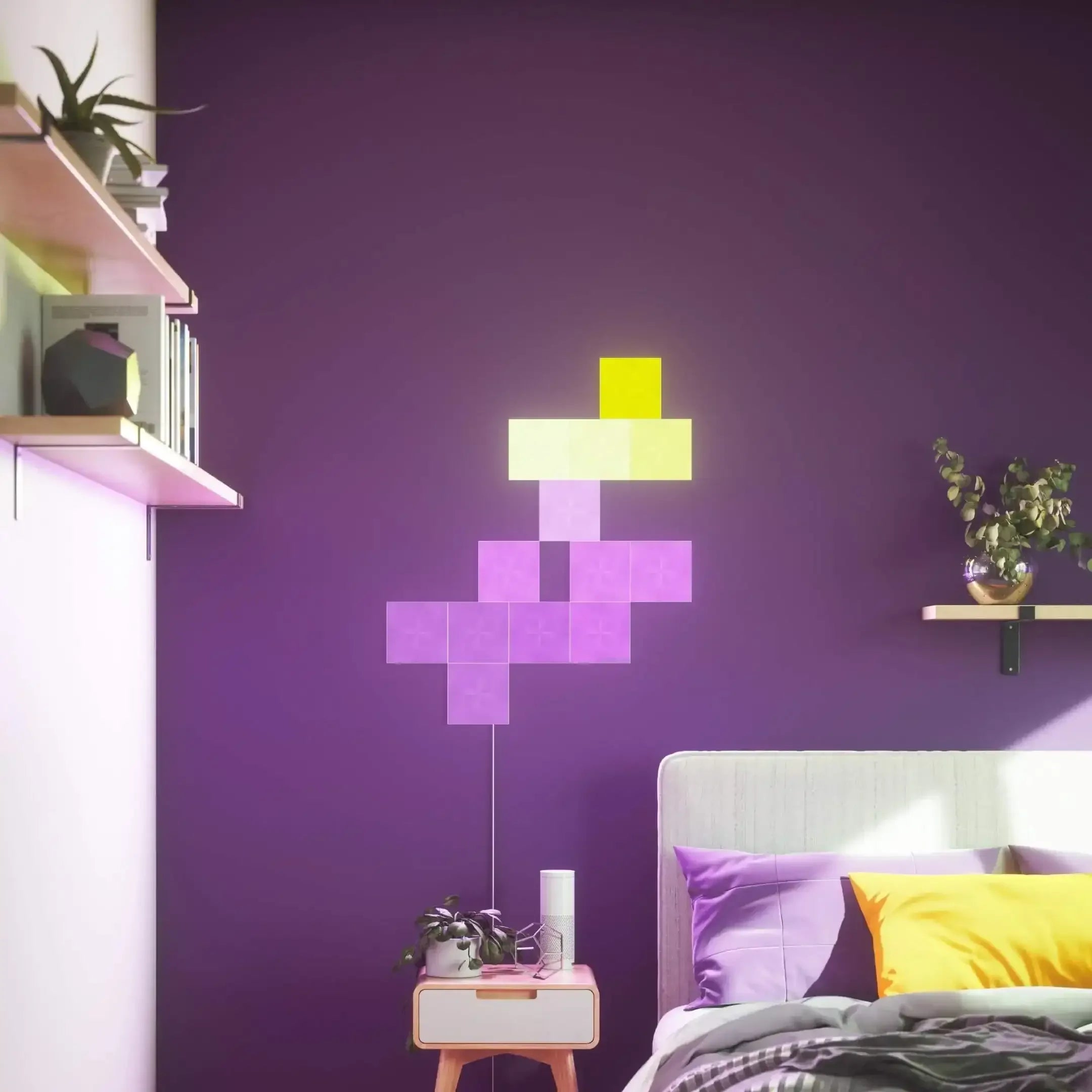 Panele świetlne LED Nanoleaf Canvas na fioletowej ścianie w nowoczesnej sypialni, dekoracja biura domowego