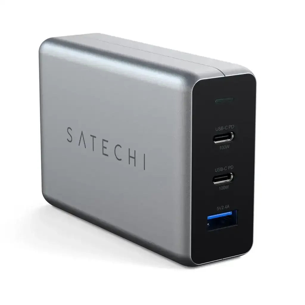 Kompaktowa ładowarka ścienna USB-C PD 100W z trzema portami, kolor srebrny