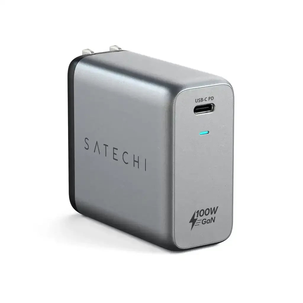 Srebrna ładowarka USB-C PD 100W GaN, szybkie ładowanie, minimalistyczny design