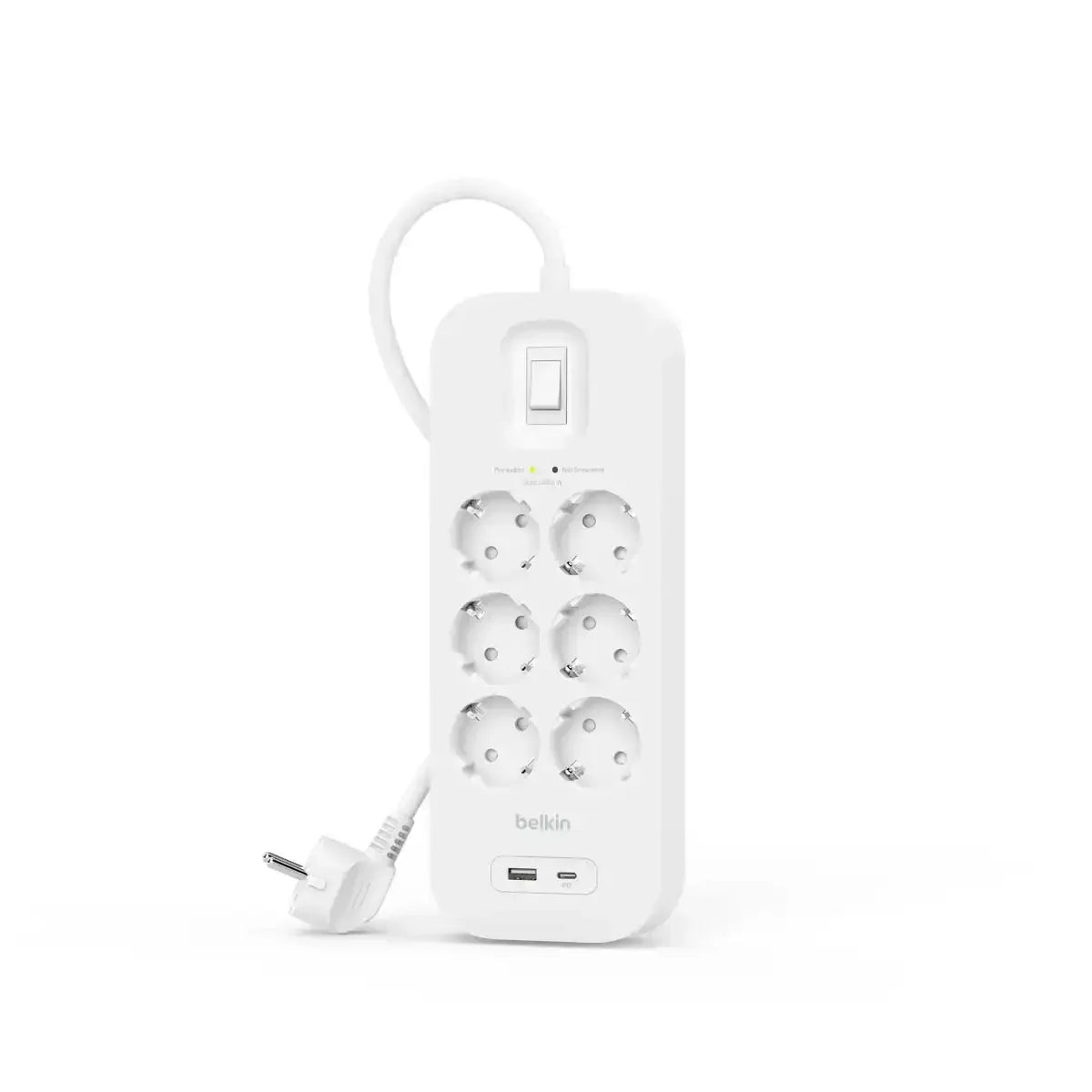 Biała listwa zasilająca z sześcioma gniazdami, USB i włącznikiem, idealna do biura