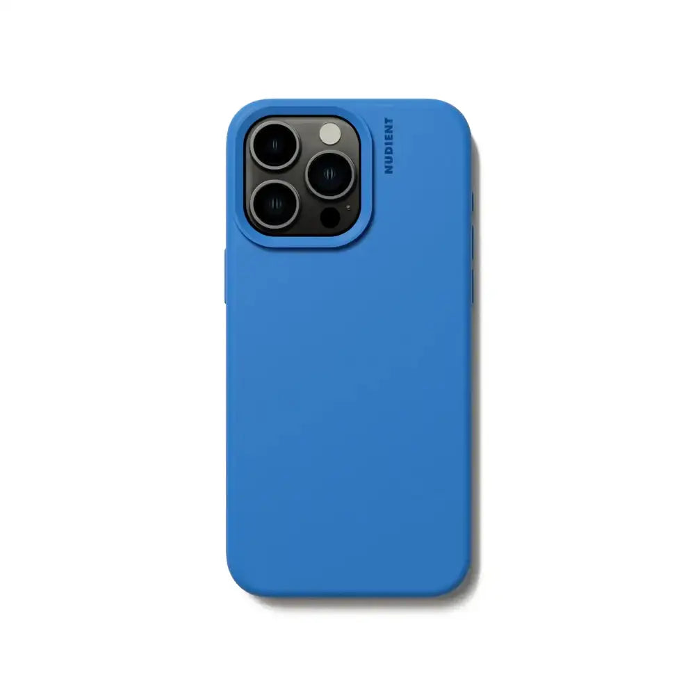 Niebieskie etui na iPhone z trzema aparatami, minimalistyczny design, marka Nudient