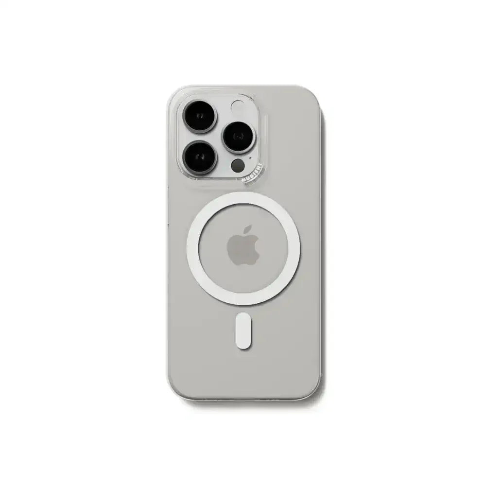 Białe etui MagSafe na iPhone z dużym pierścieniem do ładowania bezprzewodowego