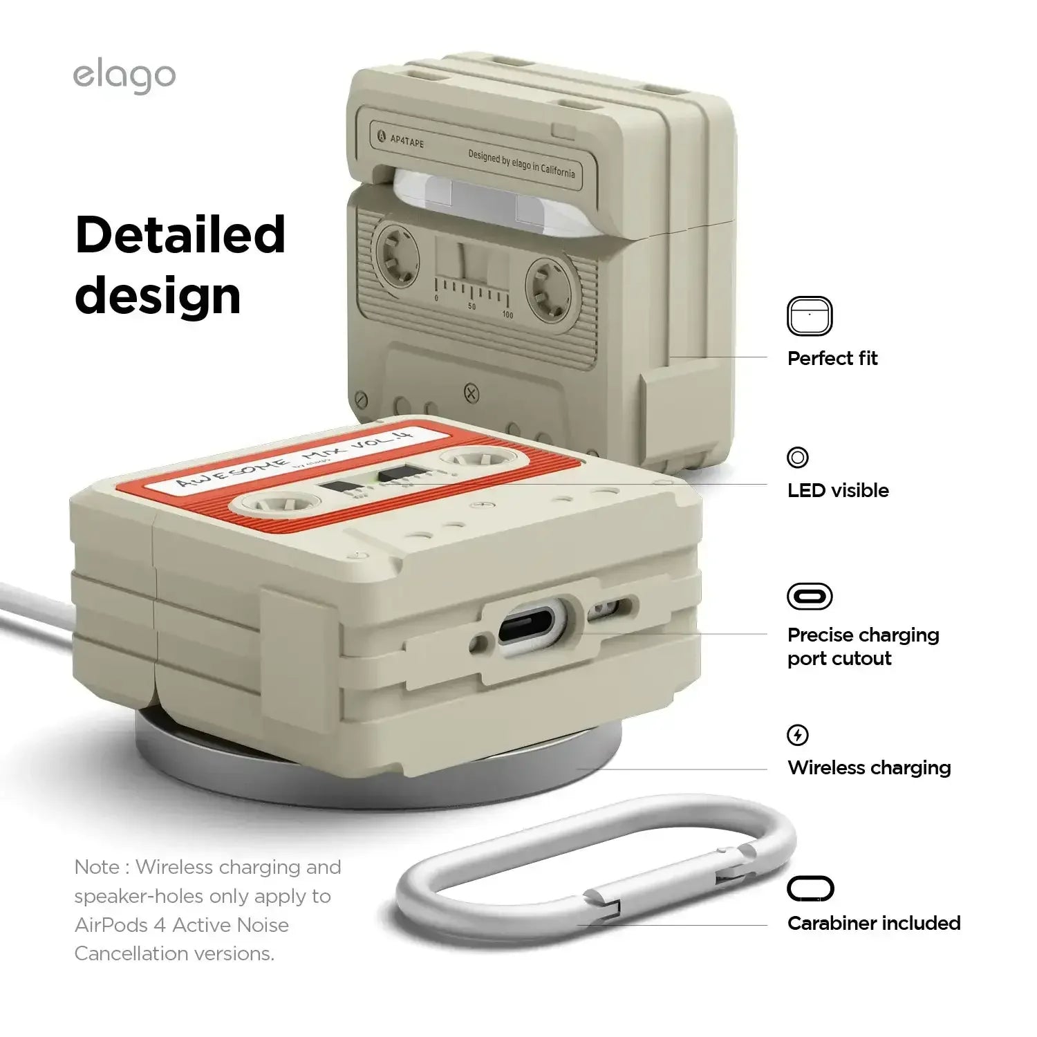 Etui na AirPods w kształcie kasety magnetofonowej, z miejscem na karabińczyk i port ładowania.