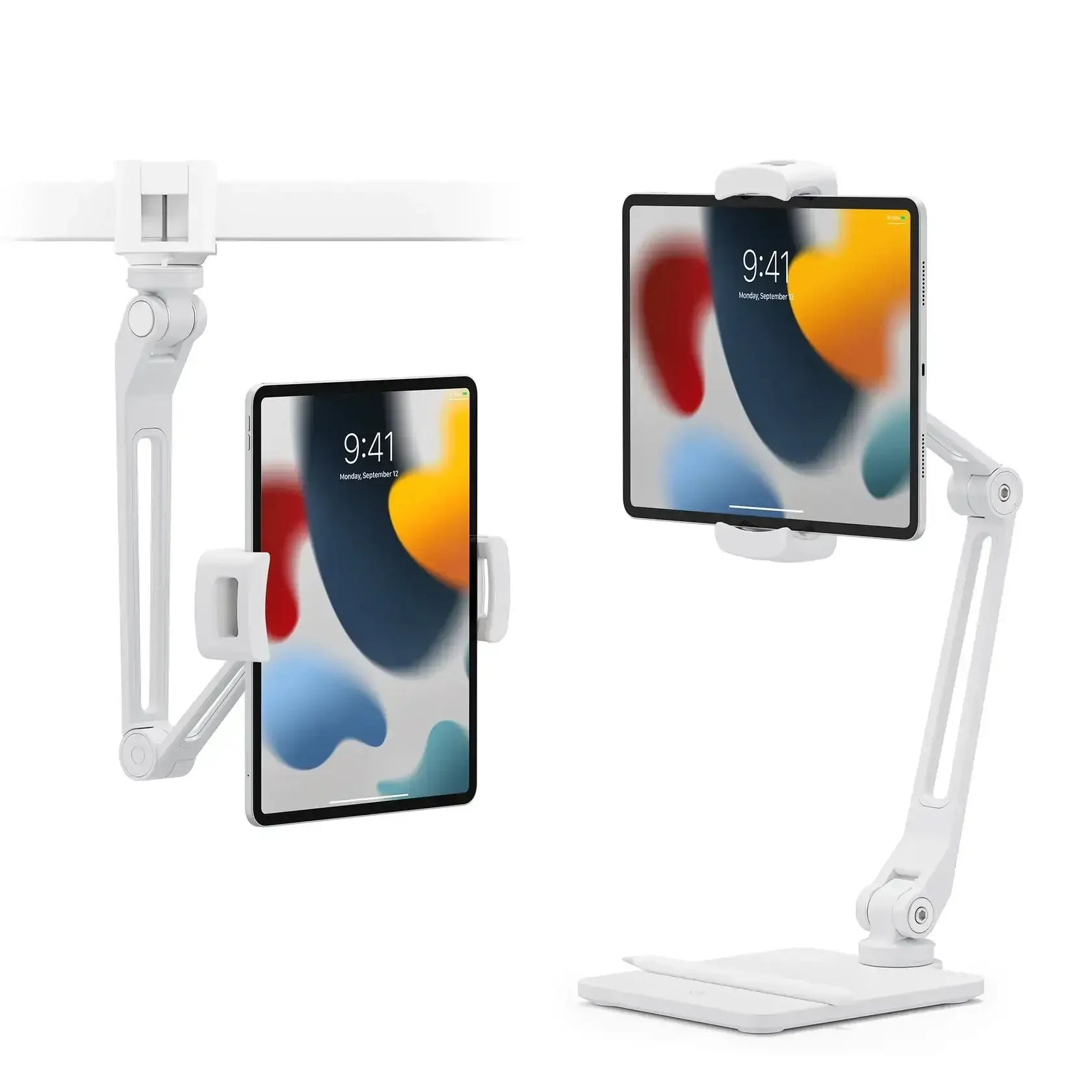 Biały stojak biurkowy na tablet, regulowany uchwyt do iPada do home office
