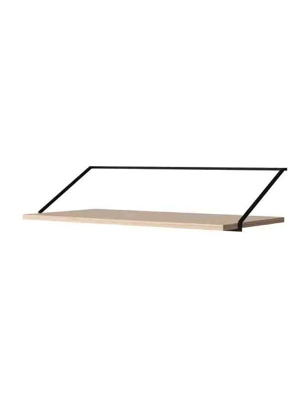 Półka ścienna dębowa z czarnym metalowym stelażem, nowoczesny design biurowy