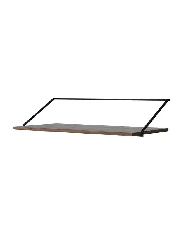 półka ścienna z ciemnego drewna i czarną metalową ramą, minimalistyczny design