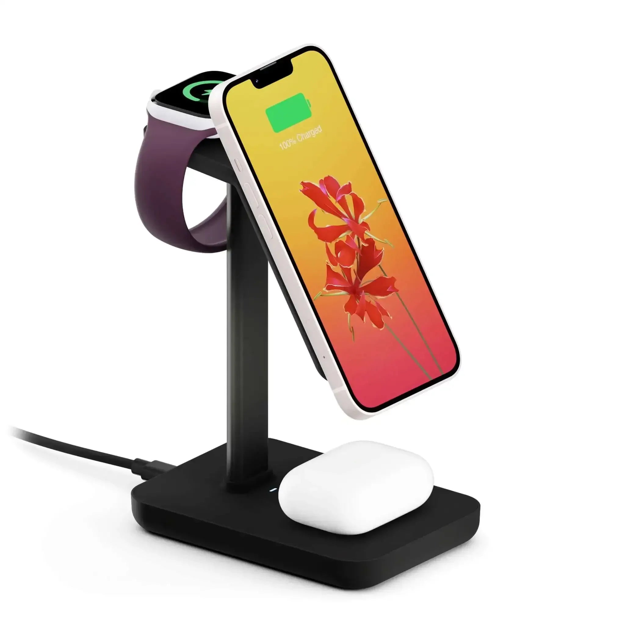 Czarna ładowarka bezprzewodowa 3w1 do iPhone, Apple Watch i AirPods na biurko