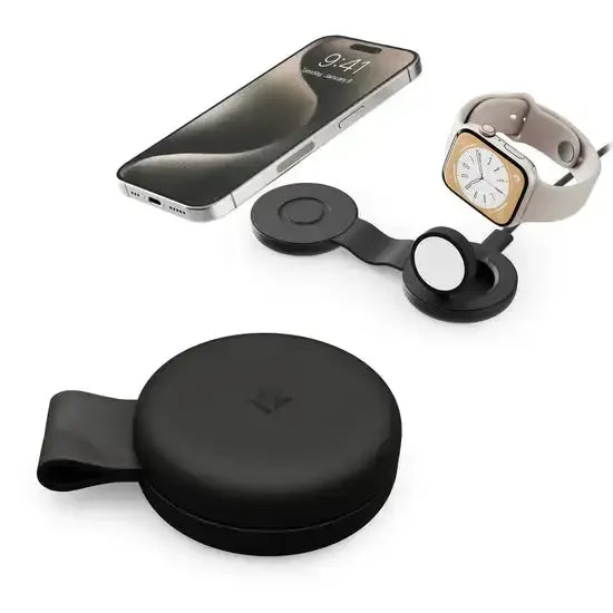 Czarna składana ładowarka bezprzewodowa do iPhone i Apple Watch w etui na biurko