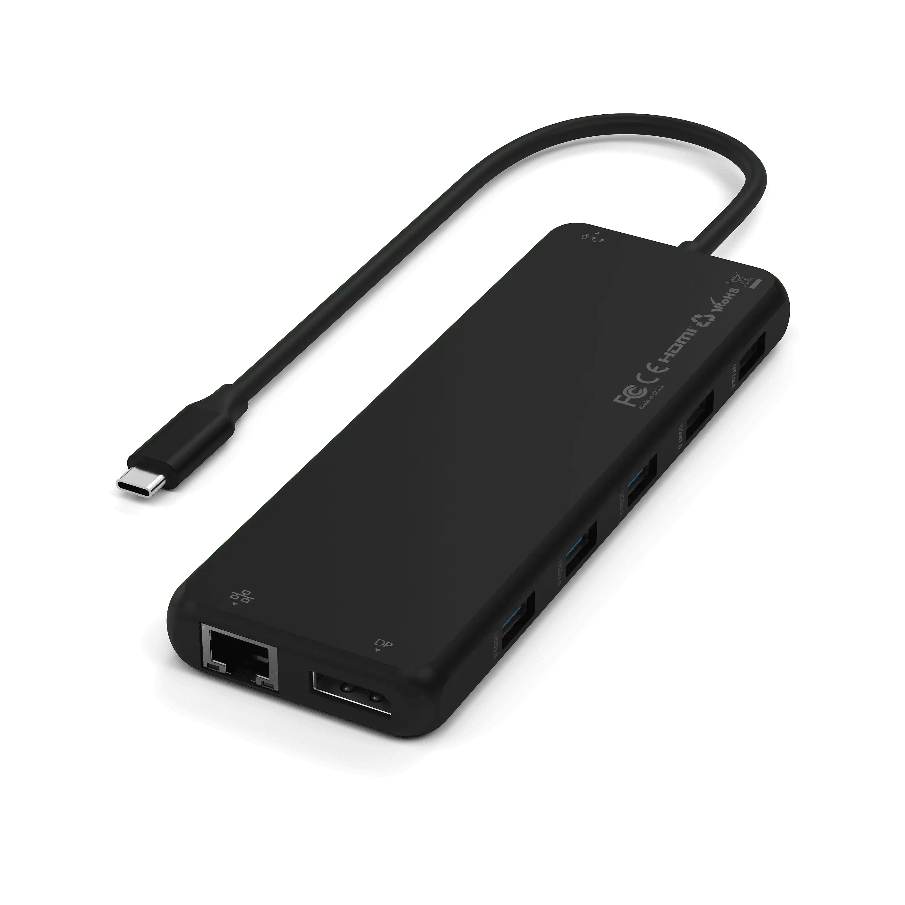 Czarny adapter USB-C z wieloma portami, w tym HDMI, DisplayPort i Ethernet, do biura