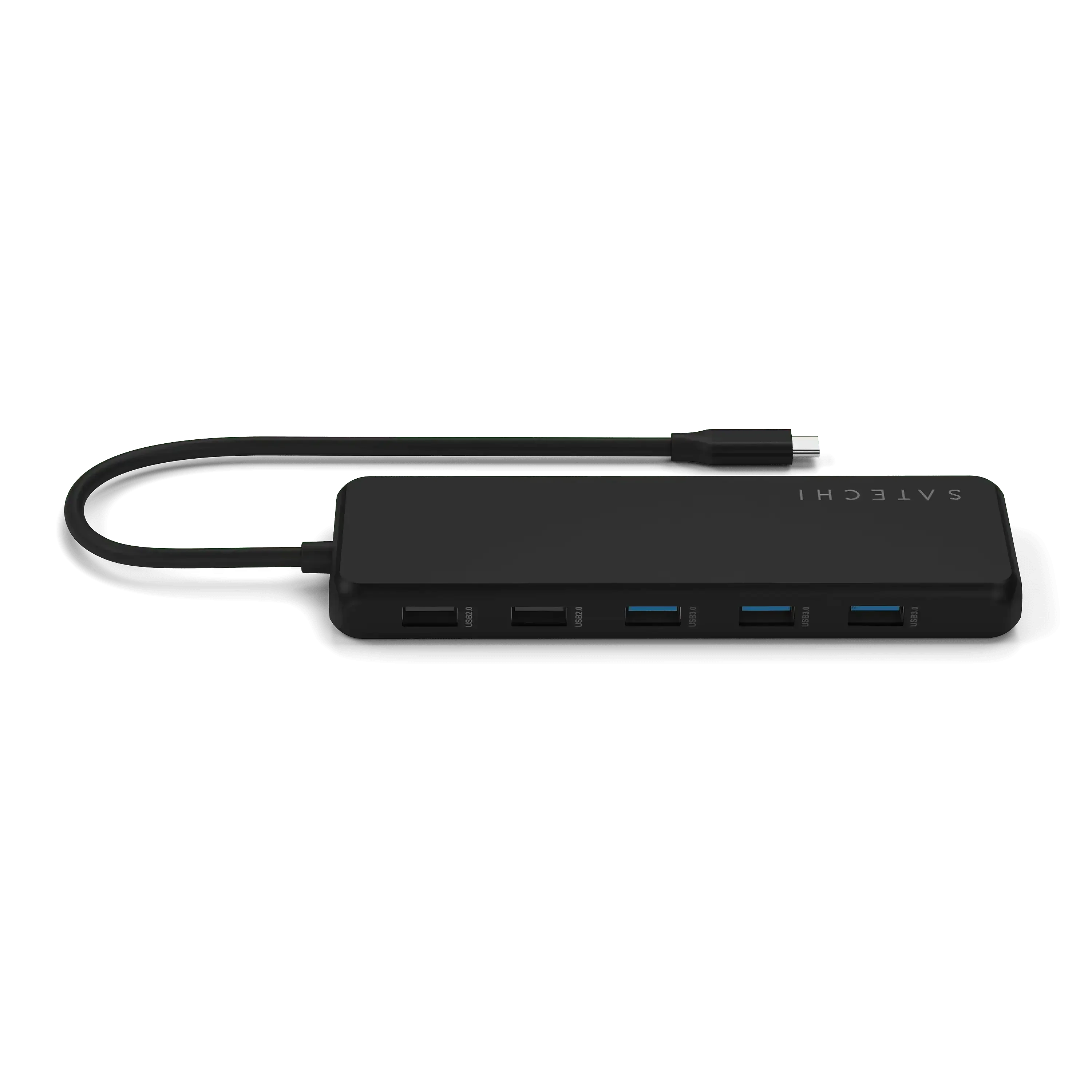 Czarny adapter USB-C z wieloma portami do biura i home office, widok z góry