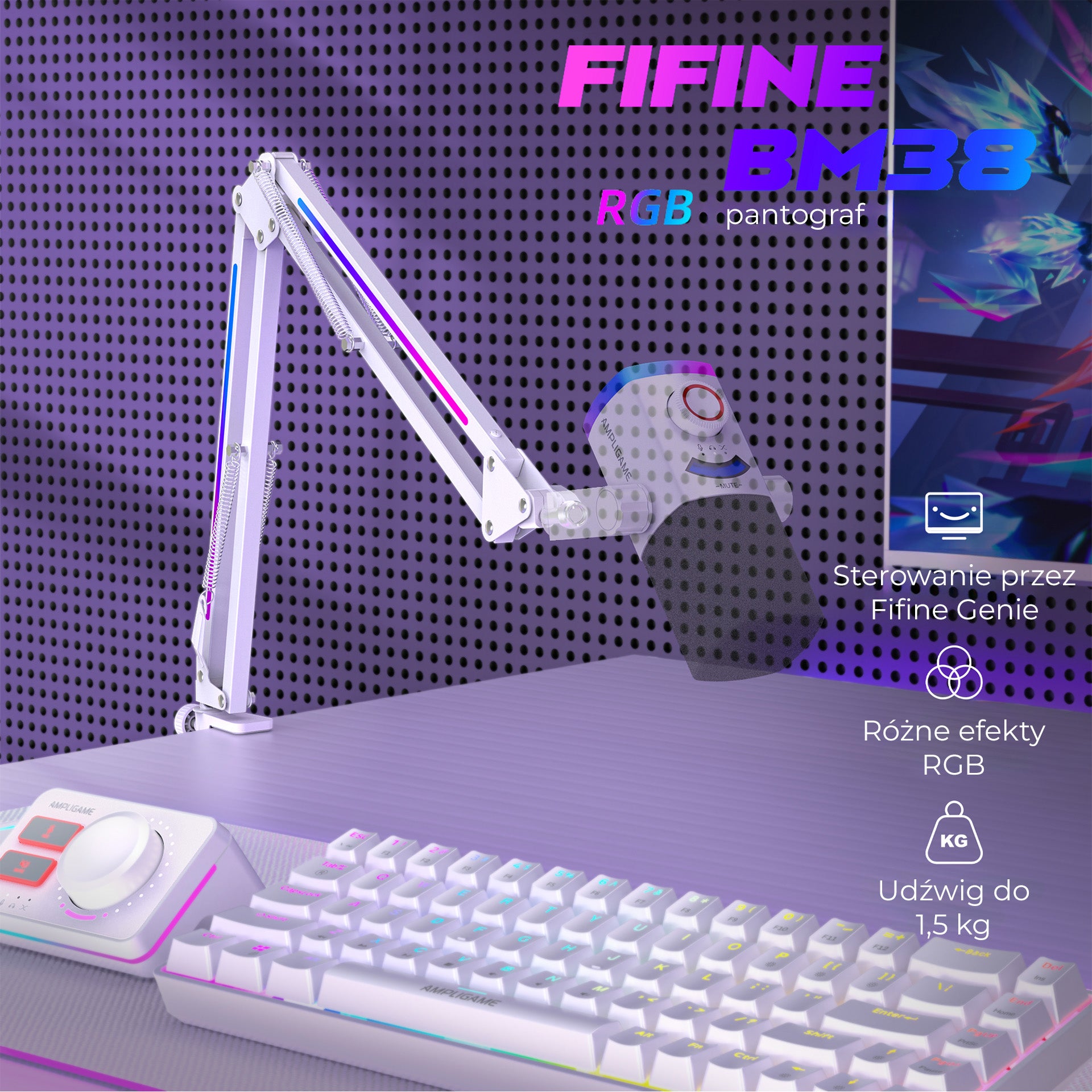 Fifine - AmpliGame - BM38 RGB Microphone Boom Arm Stand - Statyw Biurkowy do Mikrofonu