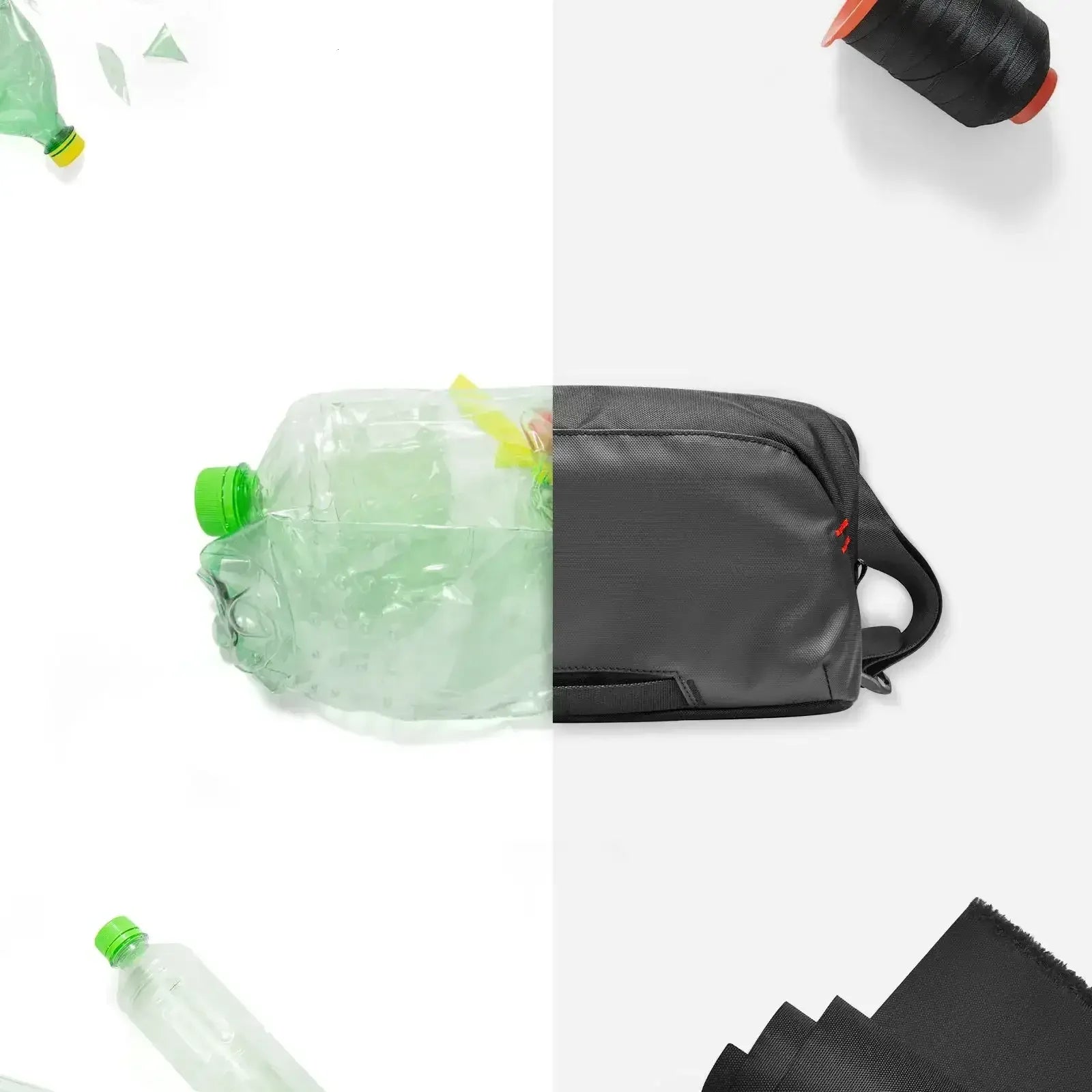 Torba na ramię z materiału z recyklingu, plastikowe butelki, nici i tkanina na białym tle