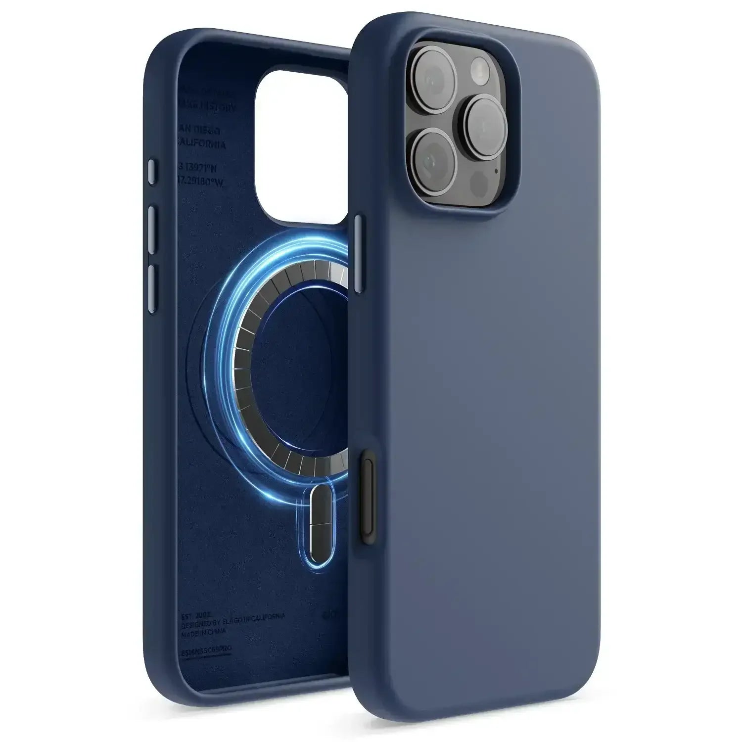 Niebieskie etui na iPhone z MagSafe, ochrona telefonu, minimalistyczny design.