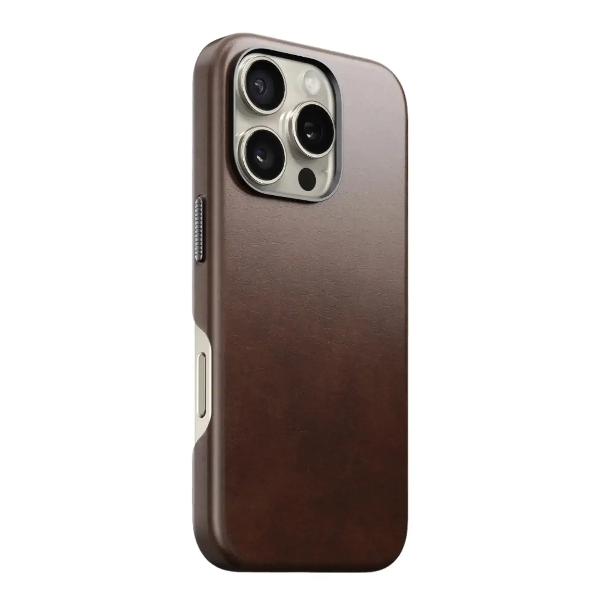 brązowe etui na iPhone 15 Pro z wycięciem na aparat, minimalistyczne akcesorium