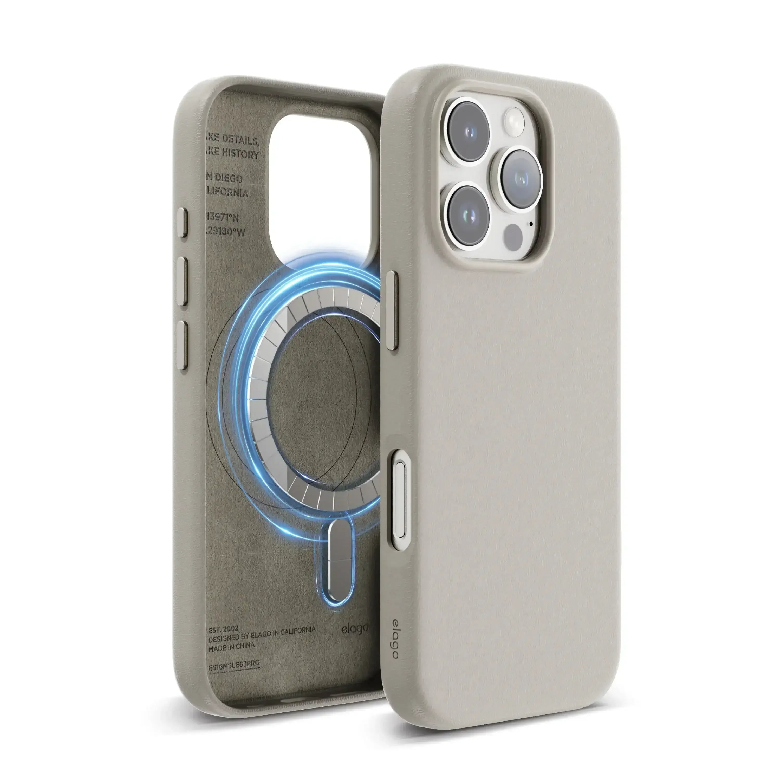 Jasnoszare etui magnetyczne na iPhone z funkcją MagSafe, widok z przodu i tyłu