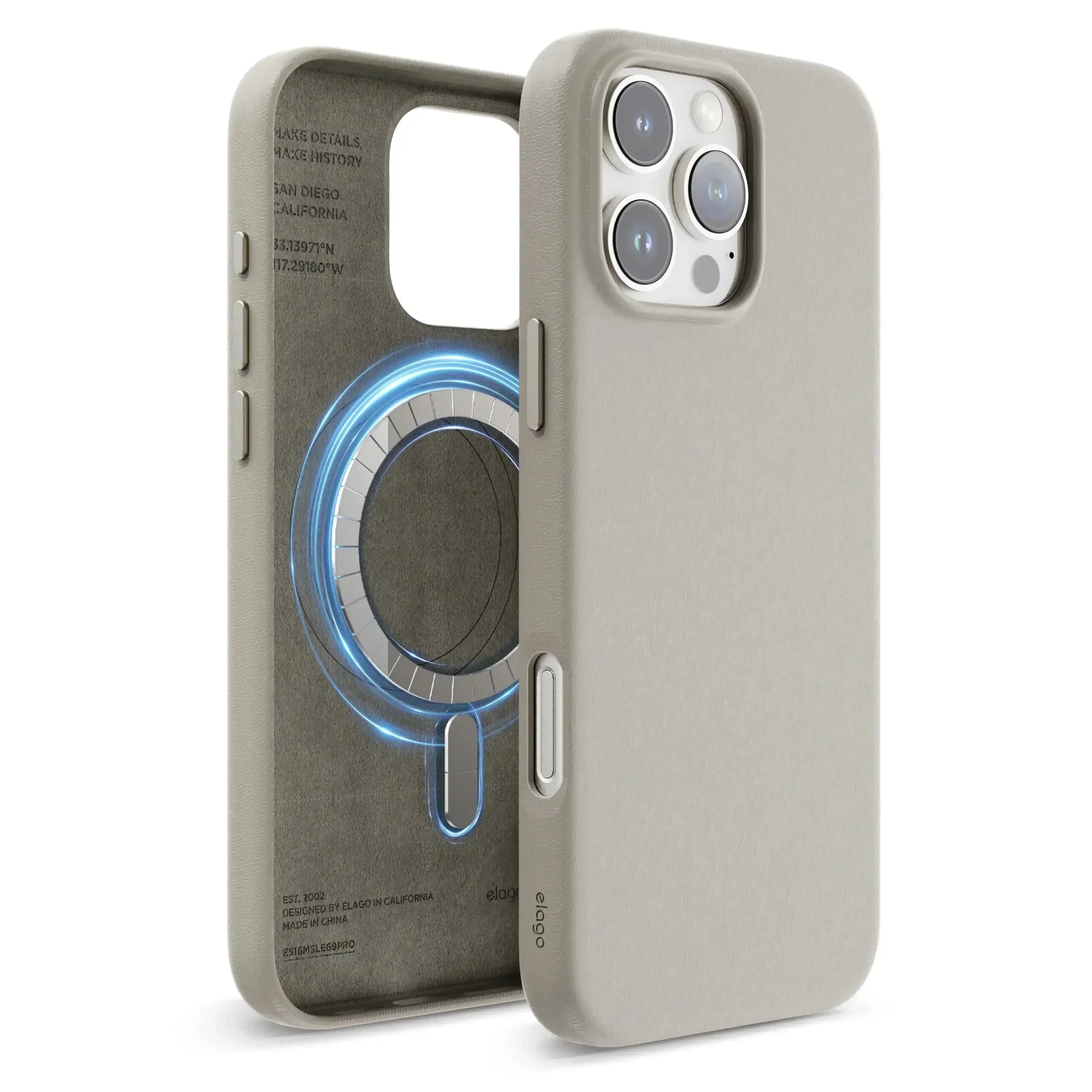 Jasnoszare etui MagSafe do iPhone 15 Pro Max, ochronne, z wycięciem na aparat i przyciski.