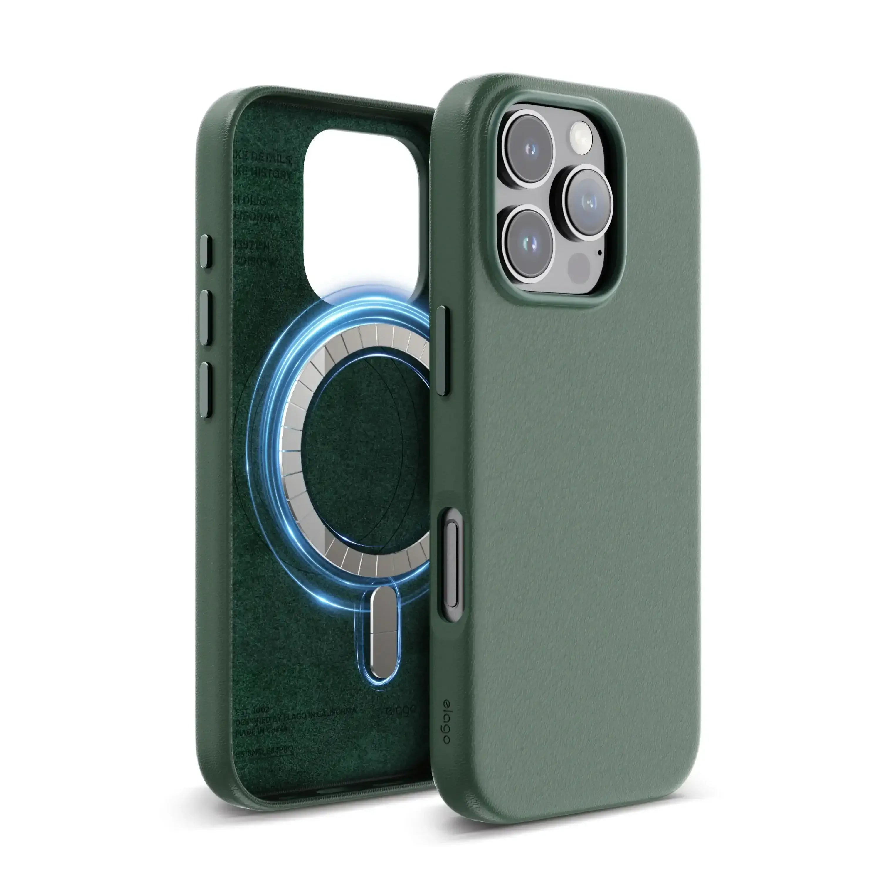 Zielone etui MagSafe na iPhone z trzema aparatami, minimalistyczny design.