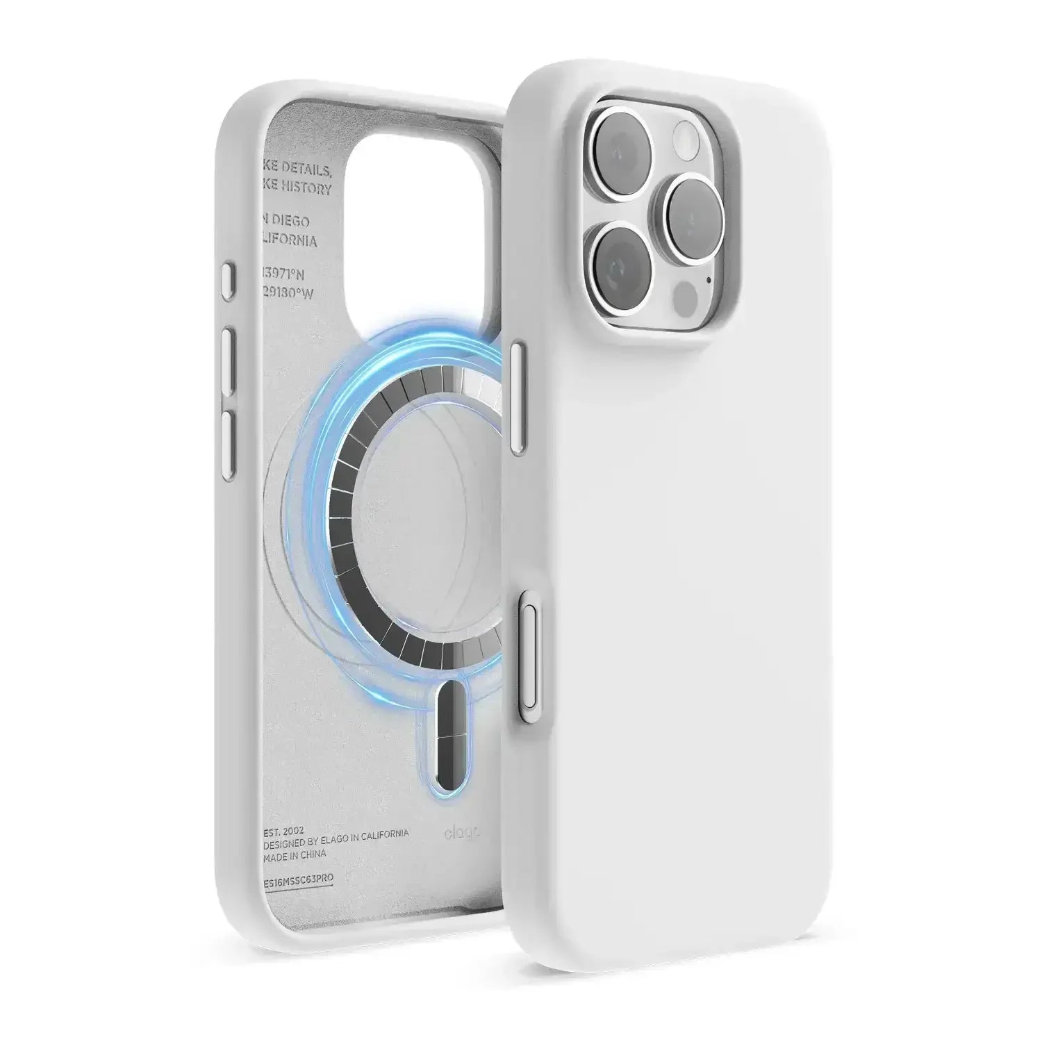 Białe etui MagSafe na smartfon z widocznymi przyciskami bocznymi i miejscem na aparat