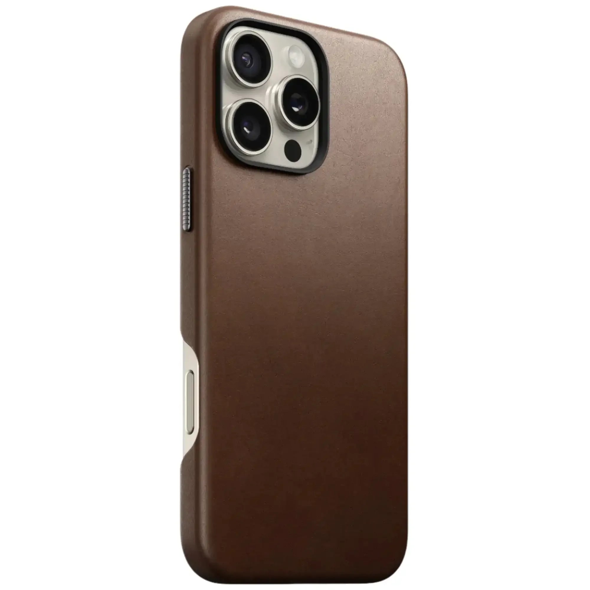 Brązowe etui na iPhone z trzema aparatami, minimalistyczny design, akcesoria do telefonu