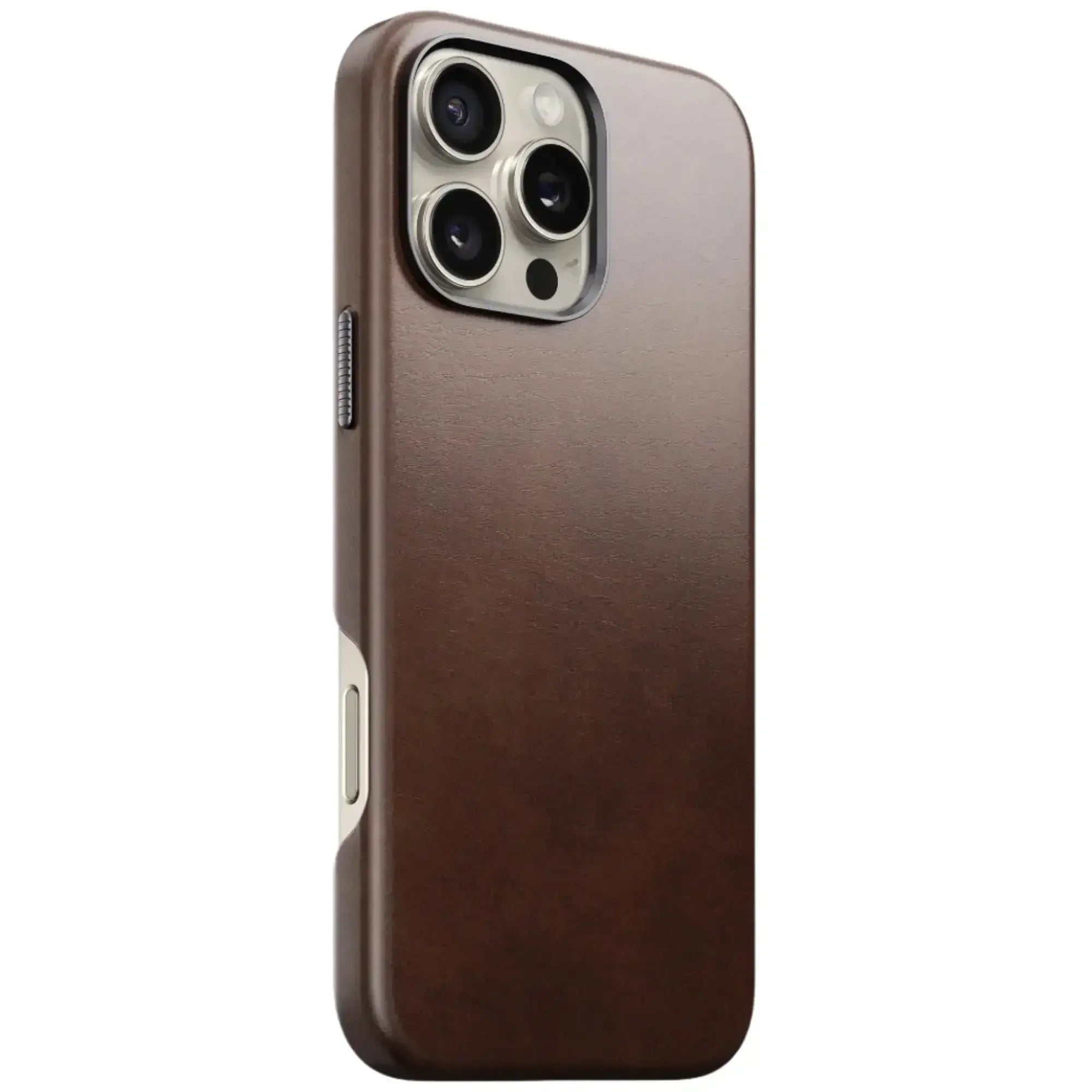 Brązowe etui skórzane na iPhone 15 Pro Max, minimalistyczny design, ochronna obudowa