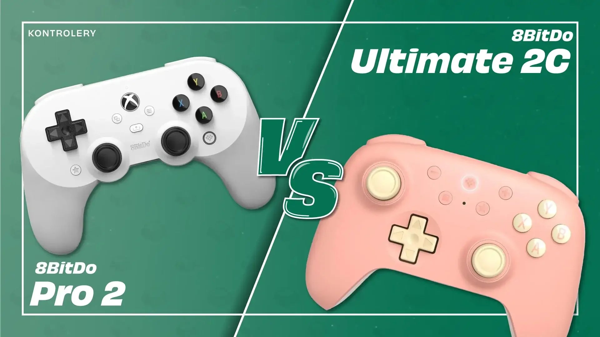 Porównanie kontrolerów do gier 8BitDo Pro 2 (biały) i Ultimate 2C (różowy) na zielonym tle.