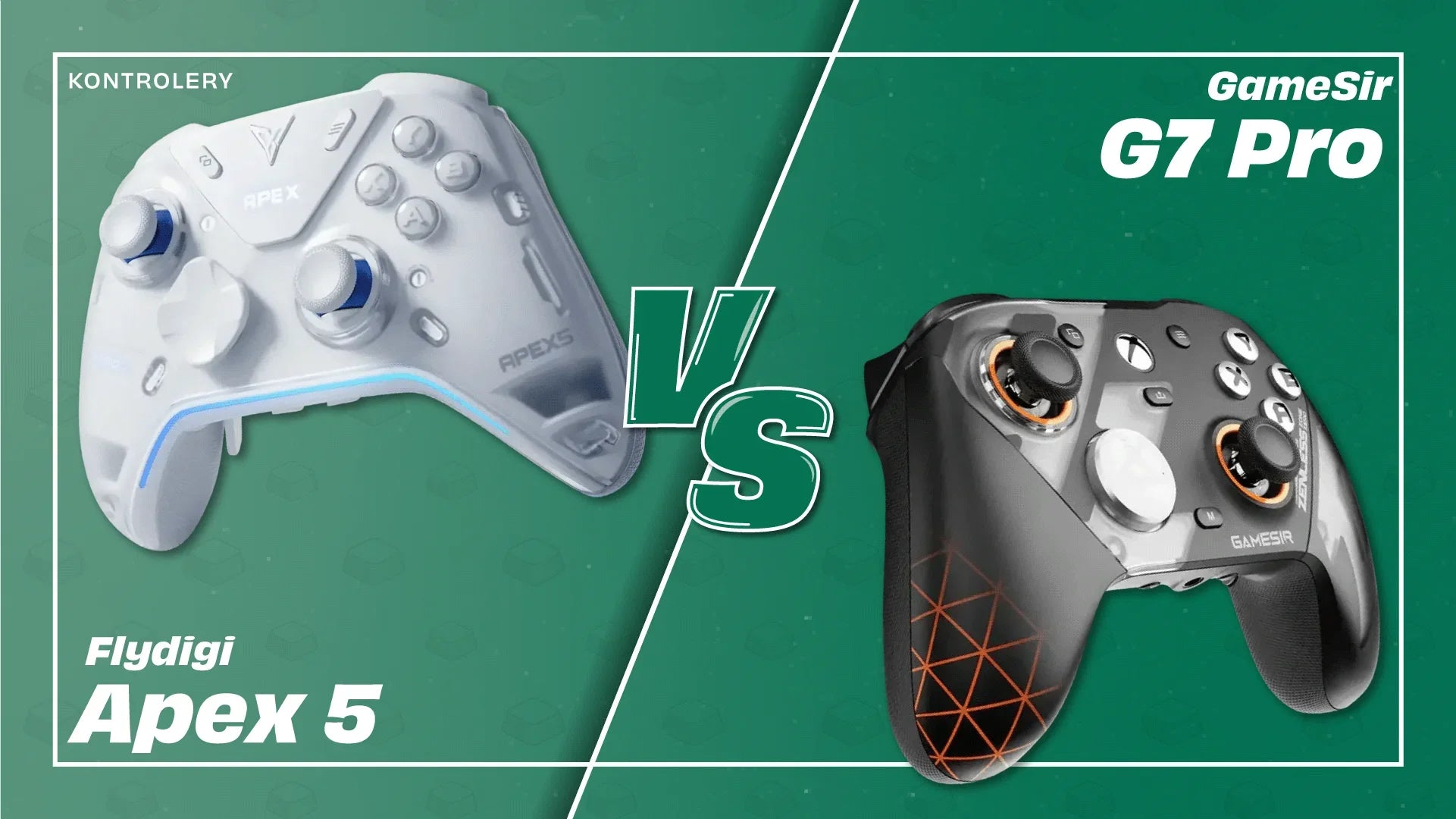 Porównanie kontrolerów Flydigi Apex 5 vs GameSir G7 Pro – biały i czarny gamepad na zielonym tle