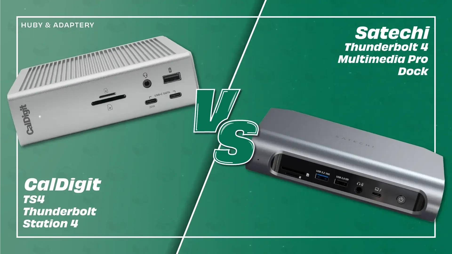 Porównanie stacji dokujących Thunderbolt 4 CalDigit TS4 i Satechi na zielonym tle.