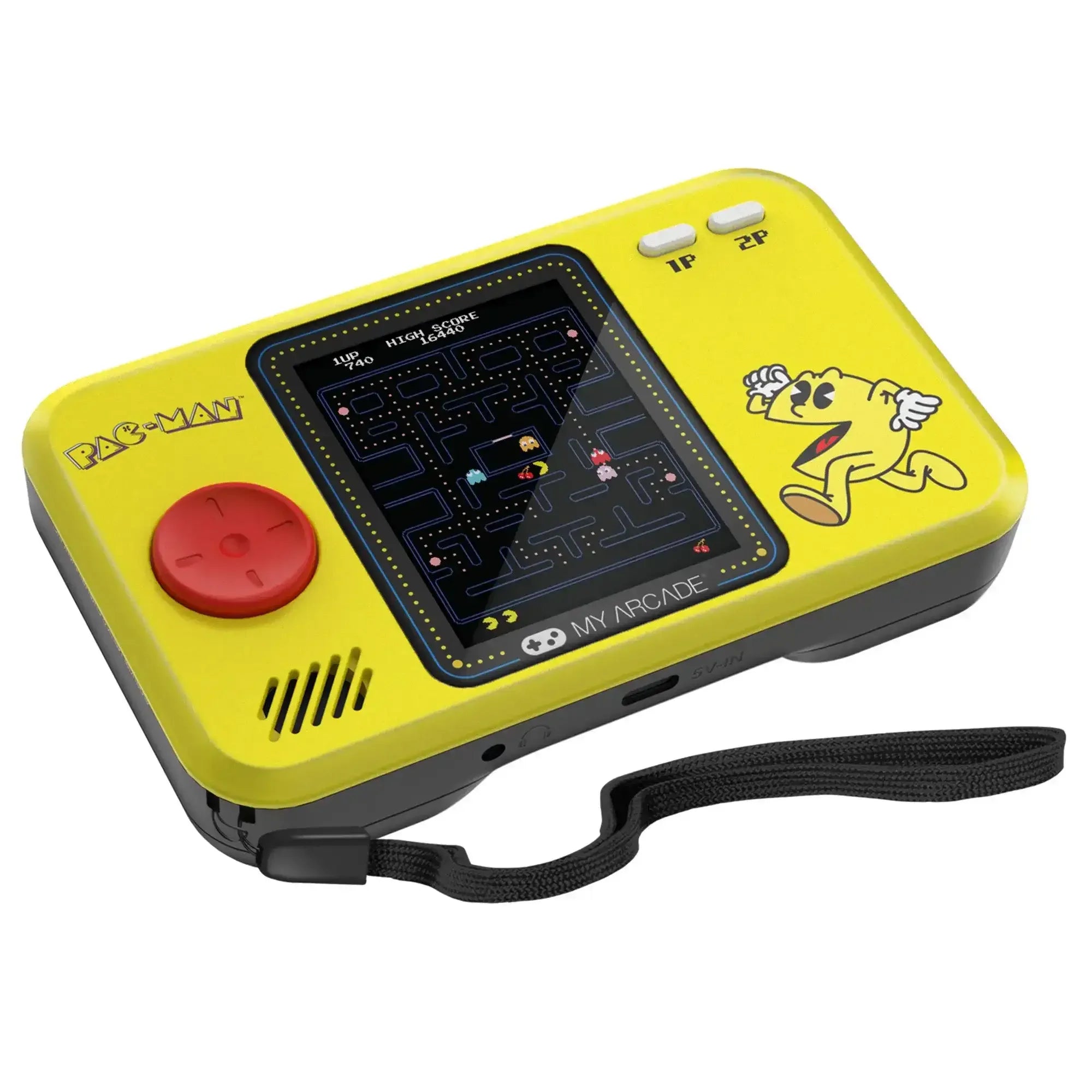 Żółta konsola do gier retro z ekranem Pac-Man, kontrolerem i paskiem na rękę