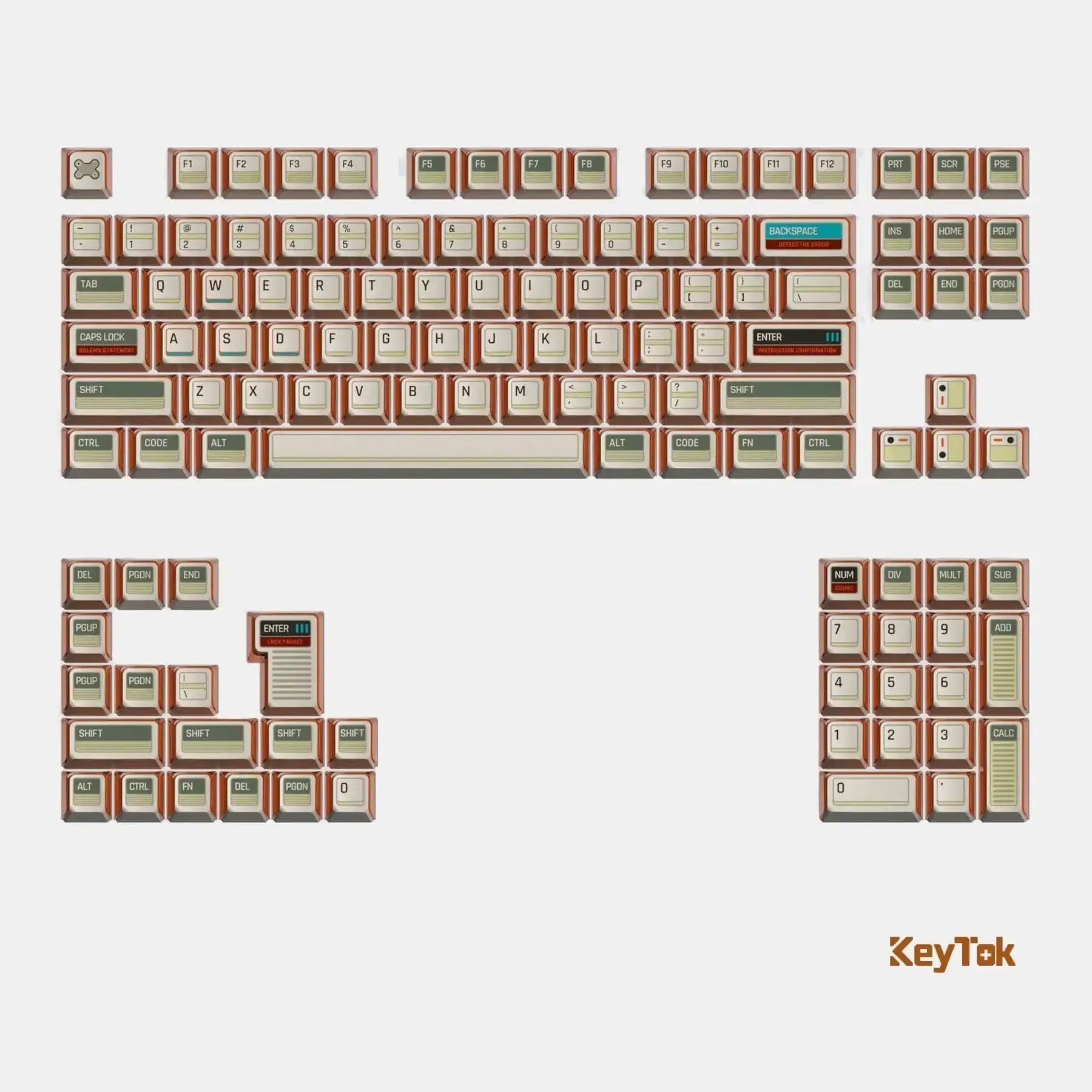 Zestaw keycapów do klawiatury mechanicznej w kolorach beżowo-zielono-brązowych, układ QWERTY.
