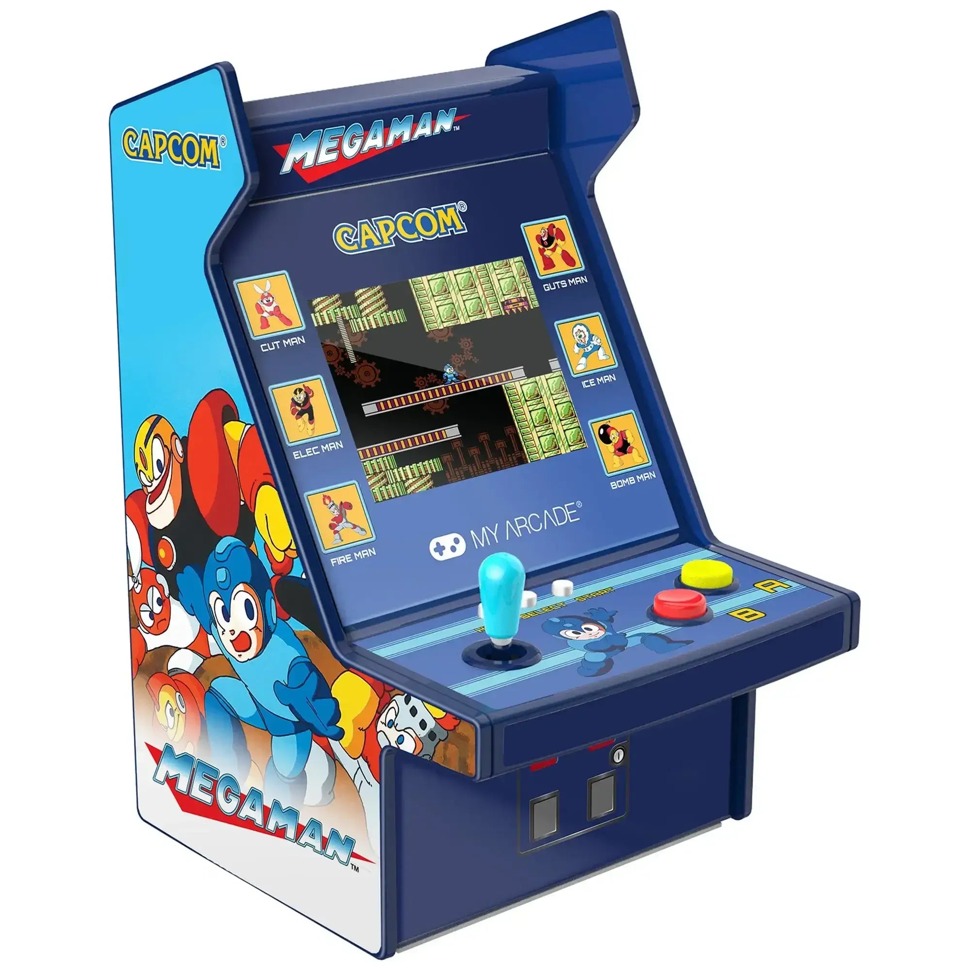 Mini automat arcade Megaman z kolorową grafiką, joystickiem i przyciskami, retro konsola do gier