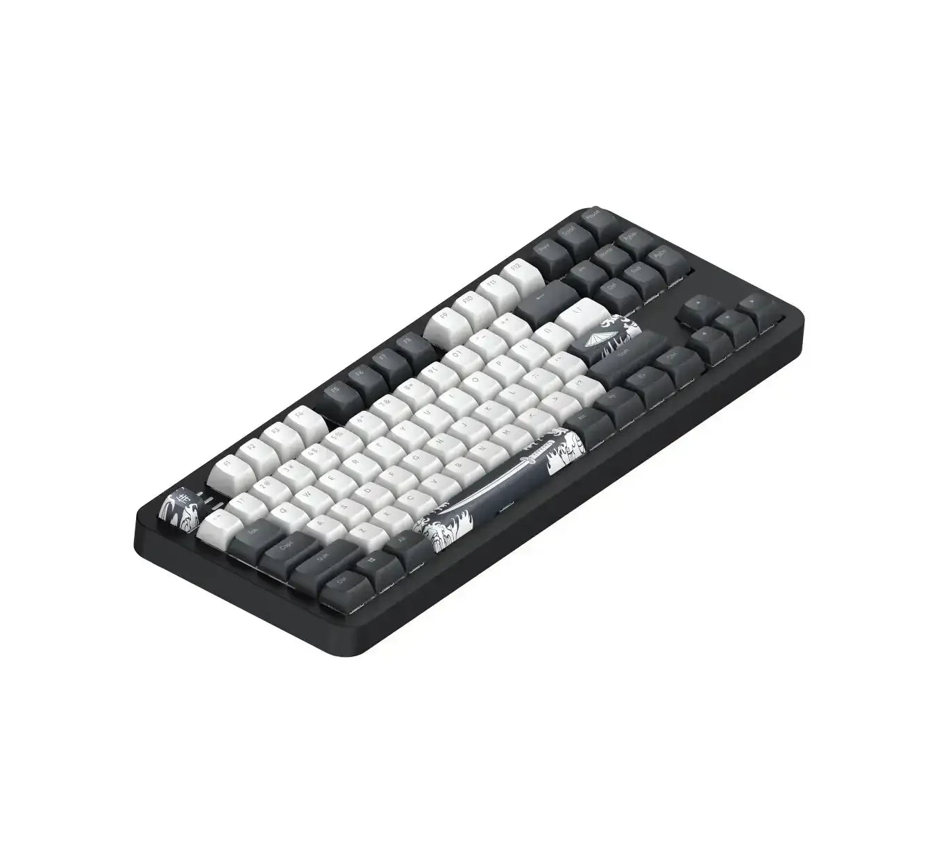 Mechaniczna klawiatura z czarno-białymi keycapami, motyw graficzny, ergonomiczny design